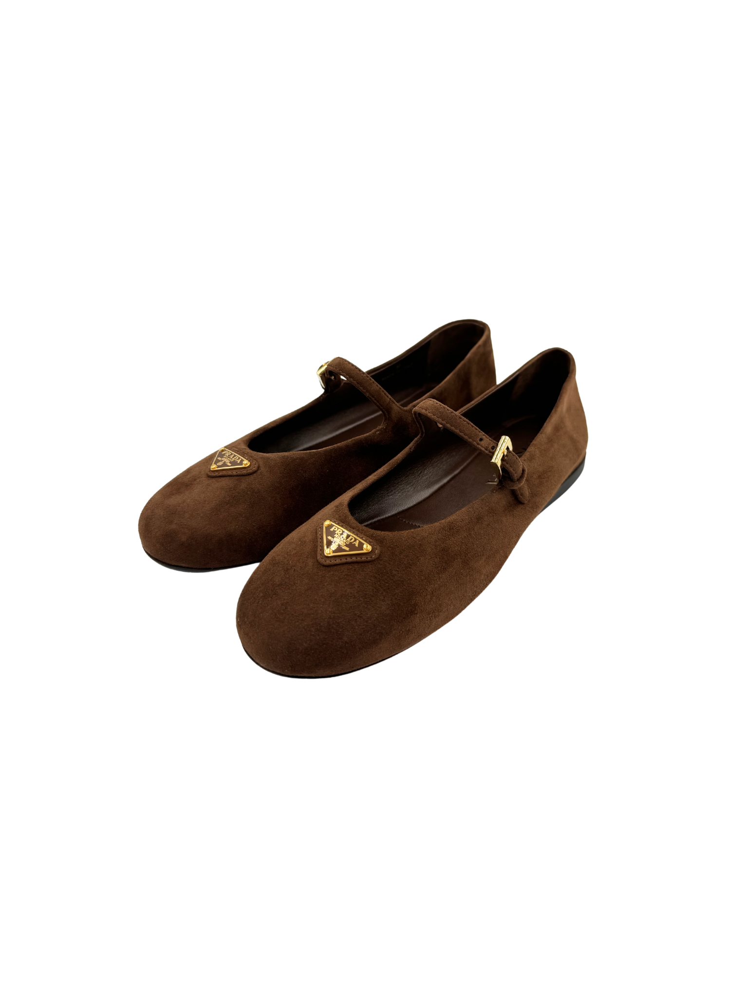 Size 37 Mary Jane Ballet Flats with Triangle Logo Plate in Brown Suede