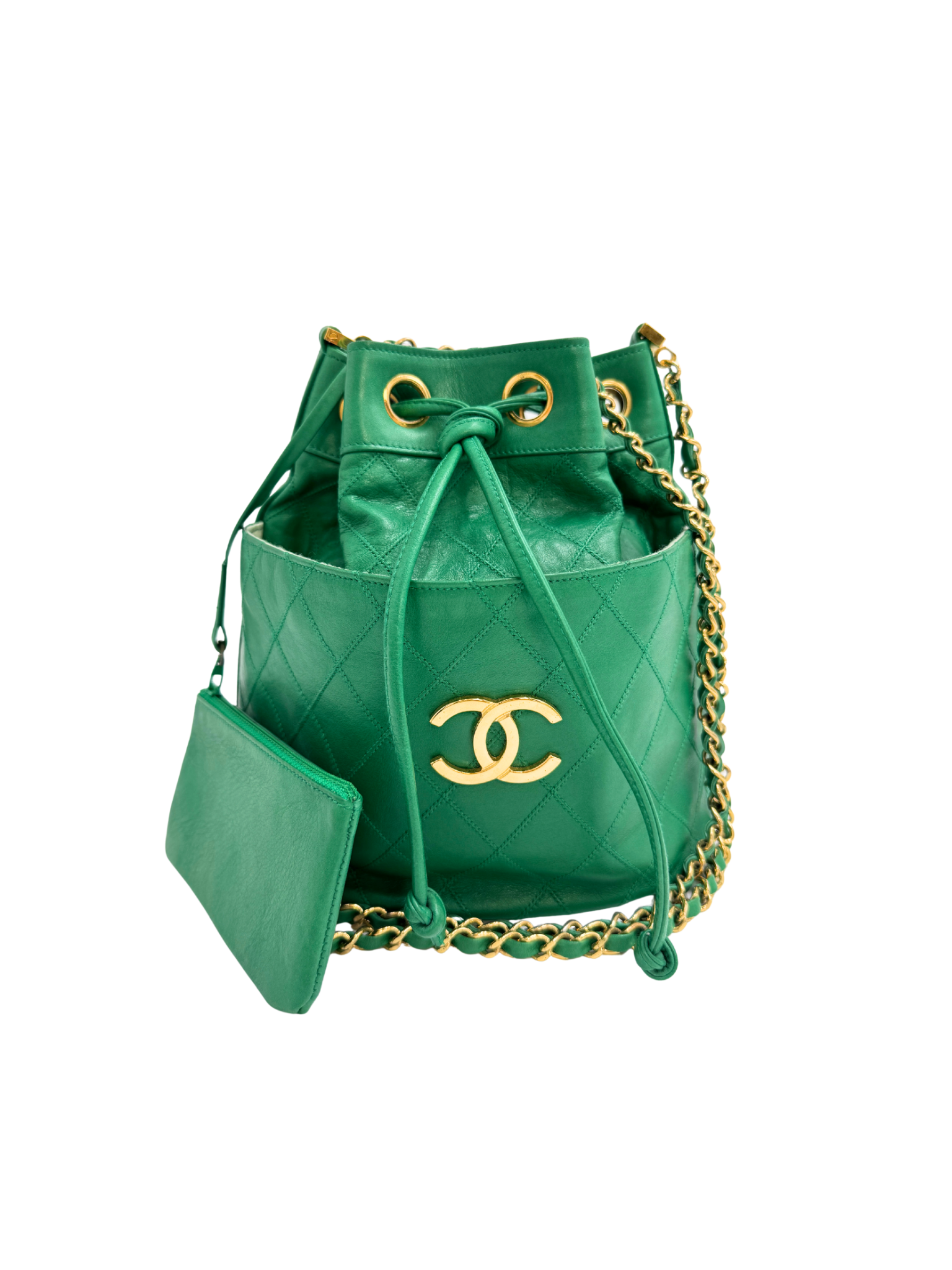 Vintage Quilted Drawstring Bucket Bag with Pouch in Green Lambskin Leather