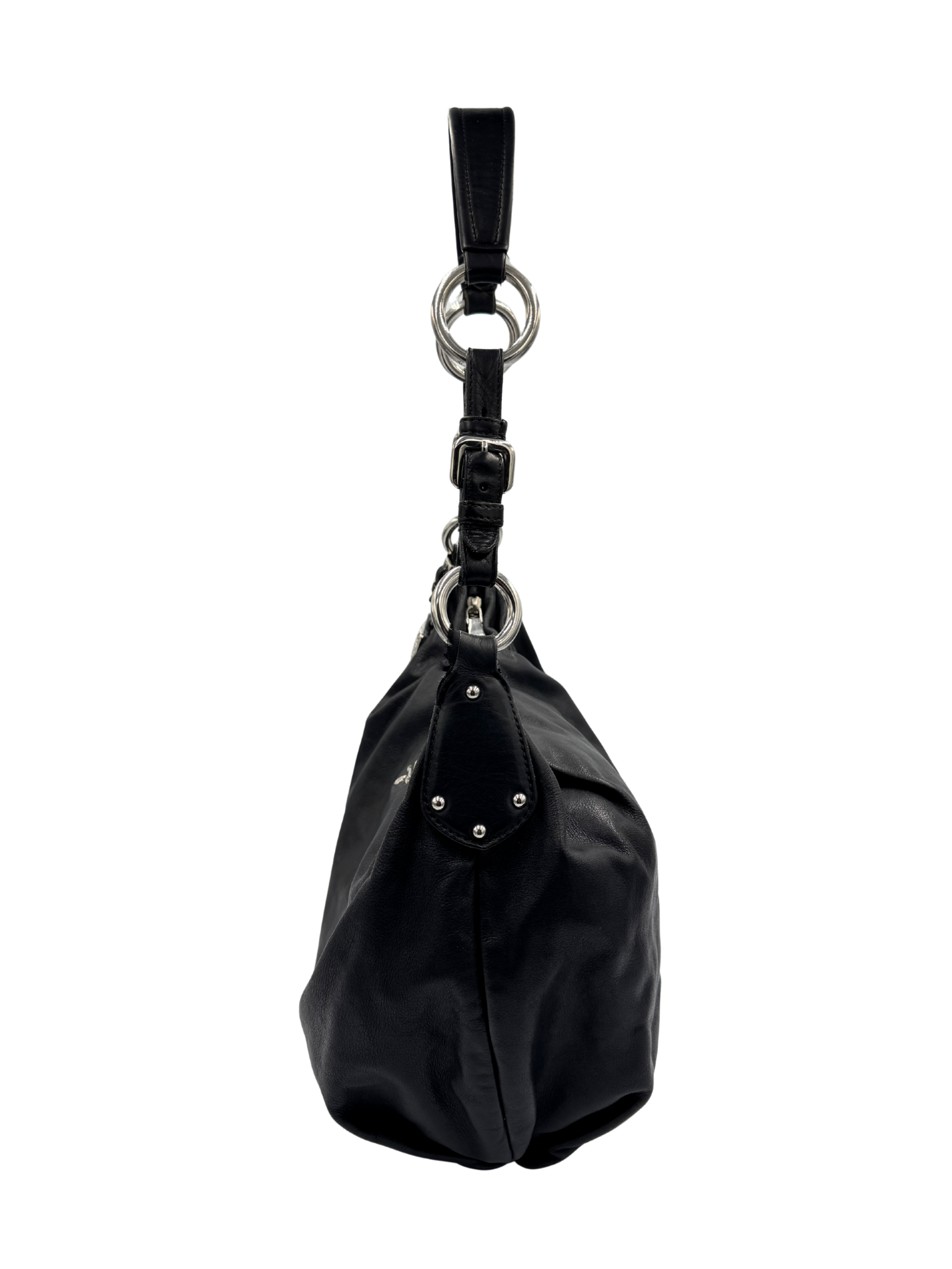 Hobo Shoulder Bag w/ Detachable Bag Charm in Black Aged Leather