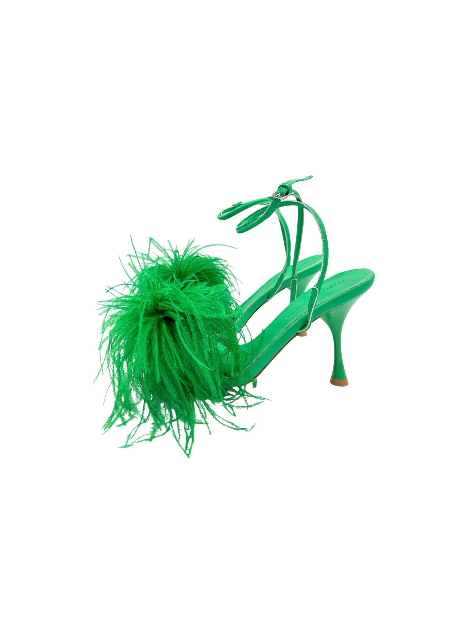 Size 40 Strappy Feather Pom Sandals in Green Smooth Leather