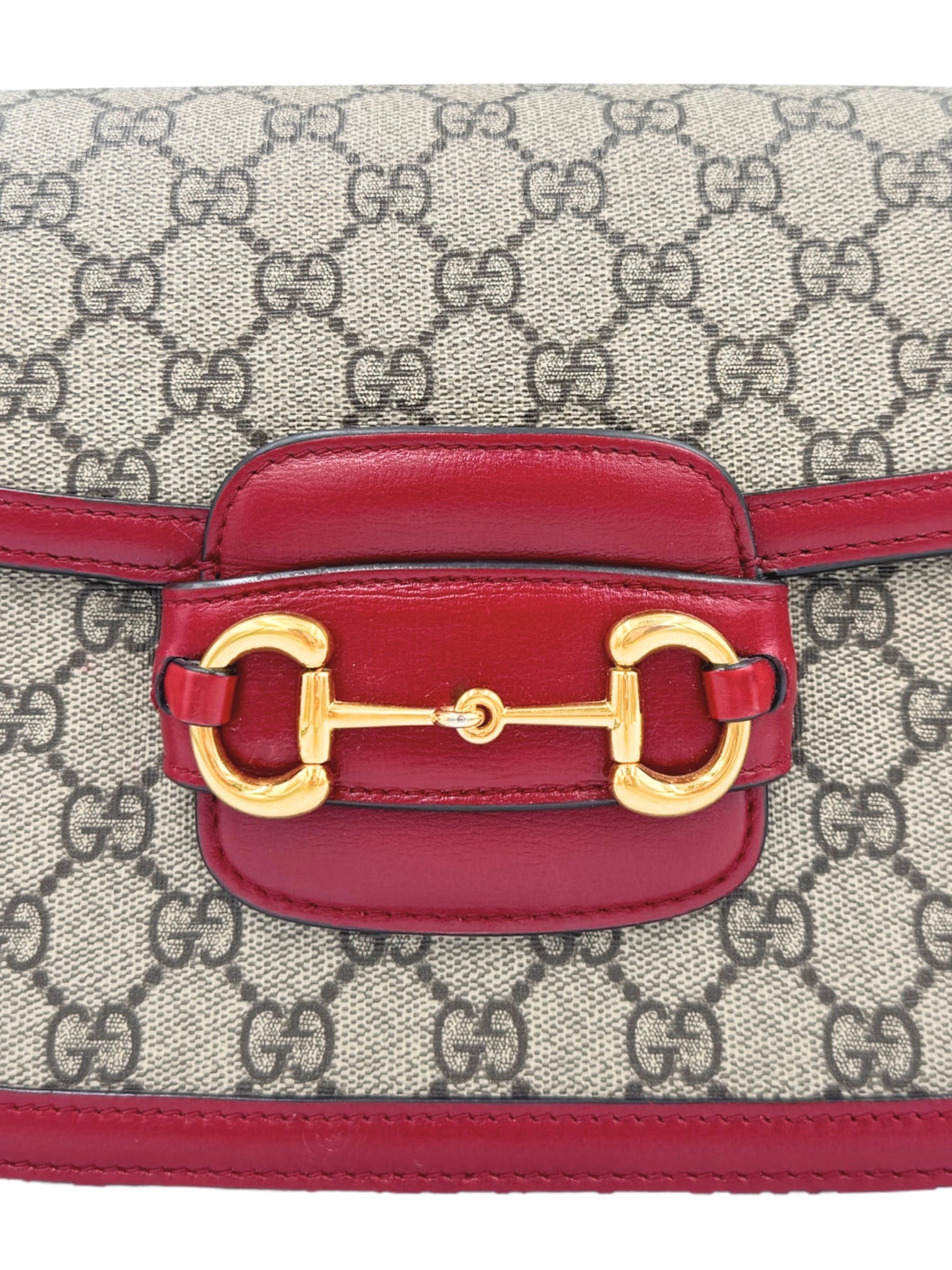 1955 Horsebit Shoulder Bag in Brown and Tan Monogram GG Supreme Coated Canvas with Burgundy Leather Trim (Copy)