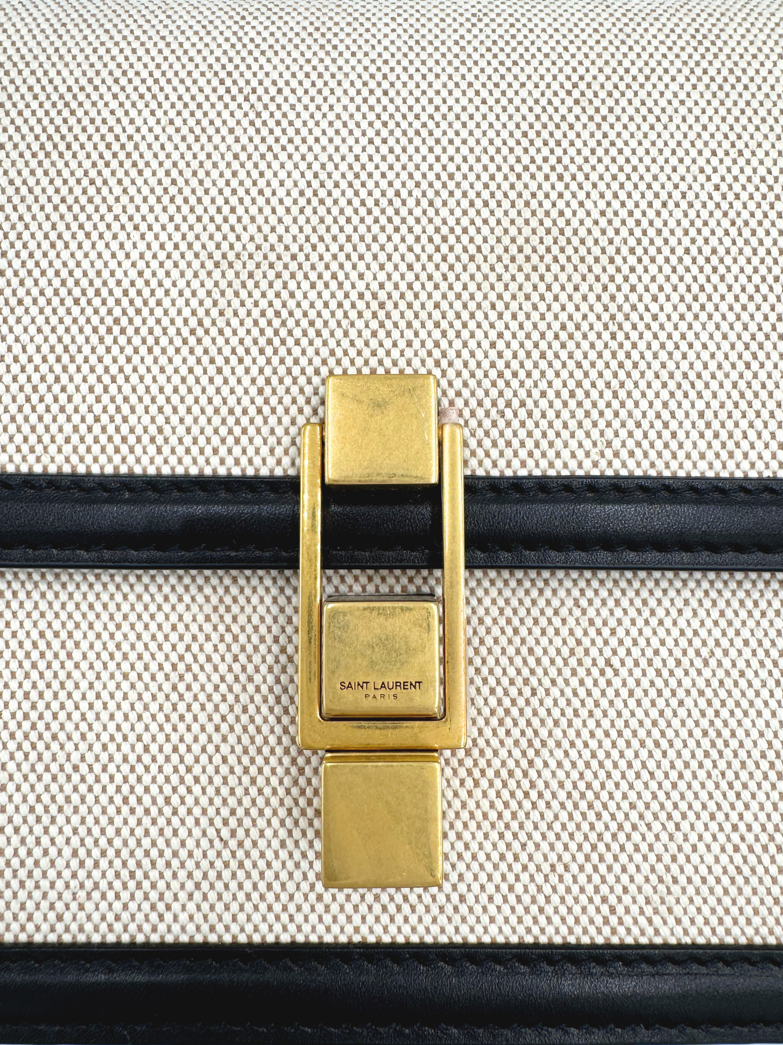 Le Carré Shoulder Bag in Ivory Canvas with Black Leather Trim