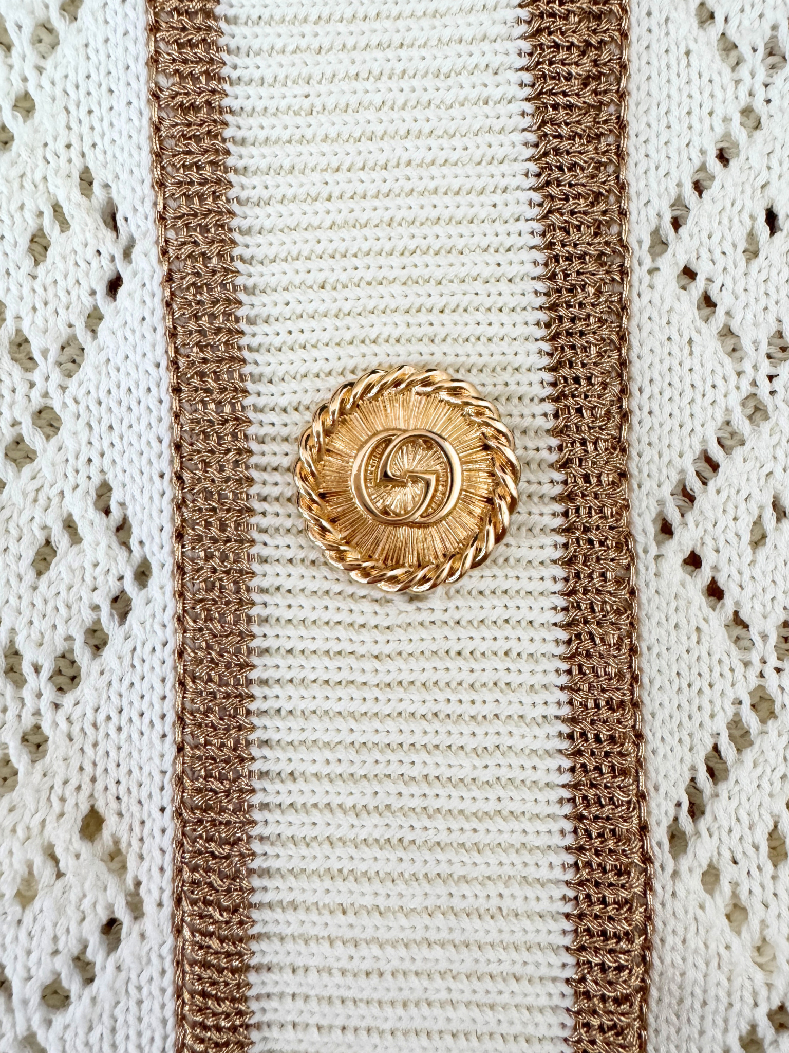 Size XXL GG Monogram Cardigan with GG Embellished Buttons in Ivory Knit with Gucci Web Trim