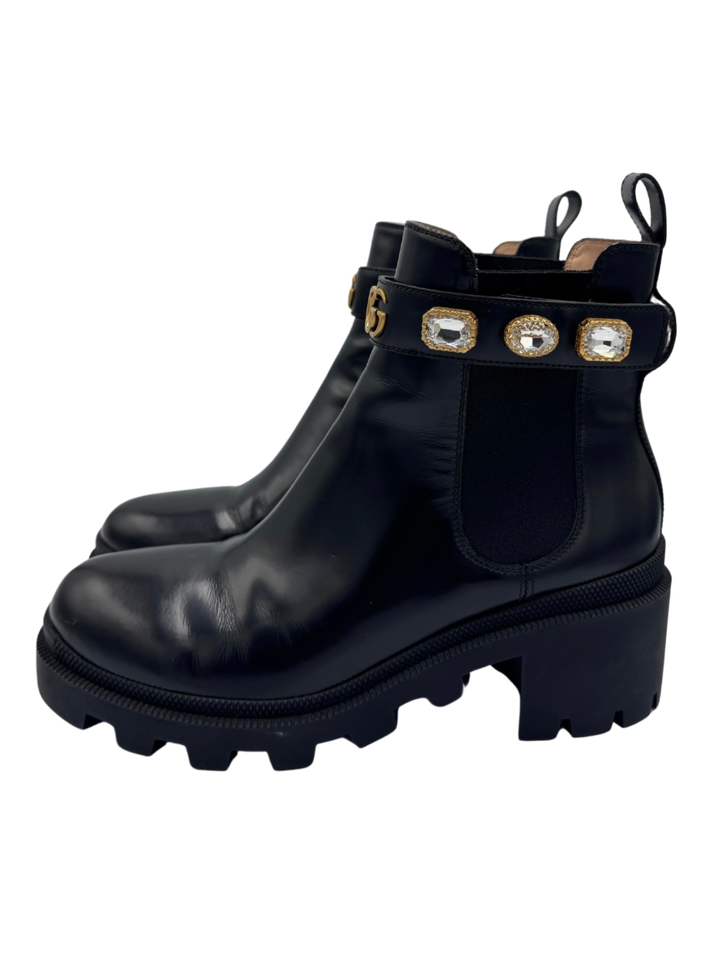 Size 39.5 Trip Crystal-Embellished GG Chelsea Boots in Black Leather