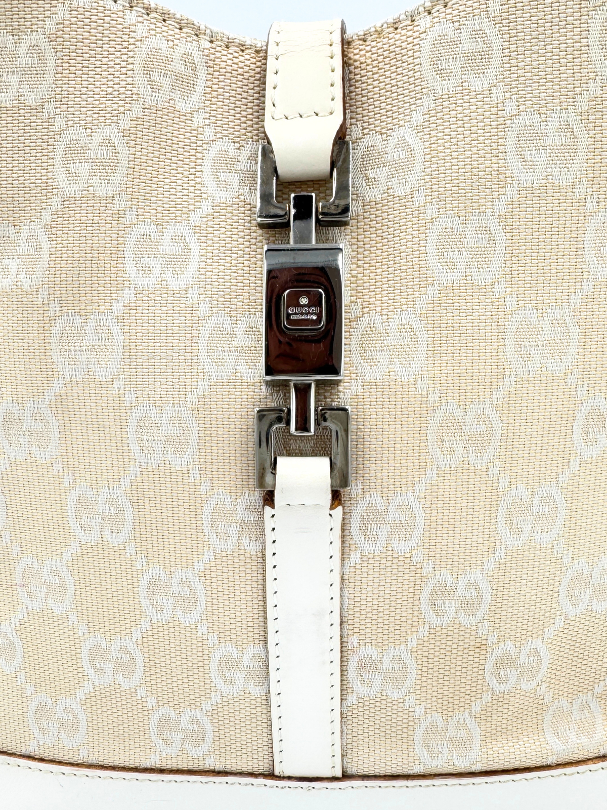Vintage Jackie Structured Hobo Shoulder Bag in Ivory Monogram GG Supreme Canvas with White Leather Trim