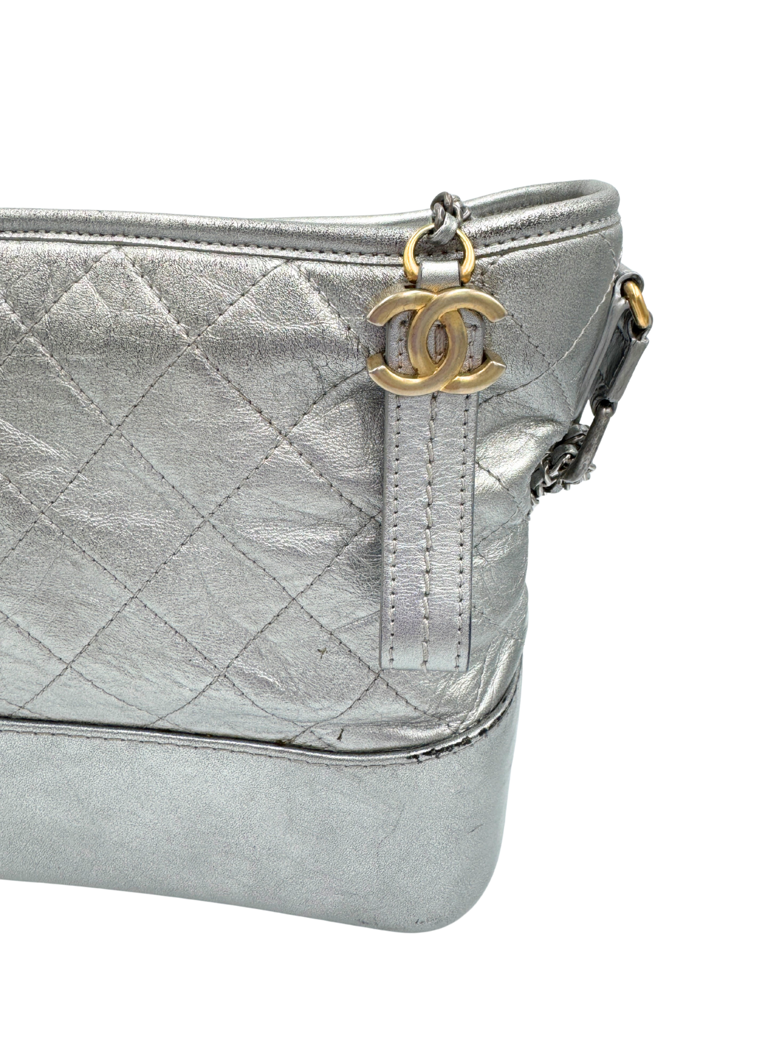Medium Gabrielle Hobo Shoulder Bag in Aged Silver Calfskin Leather