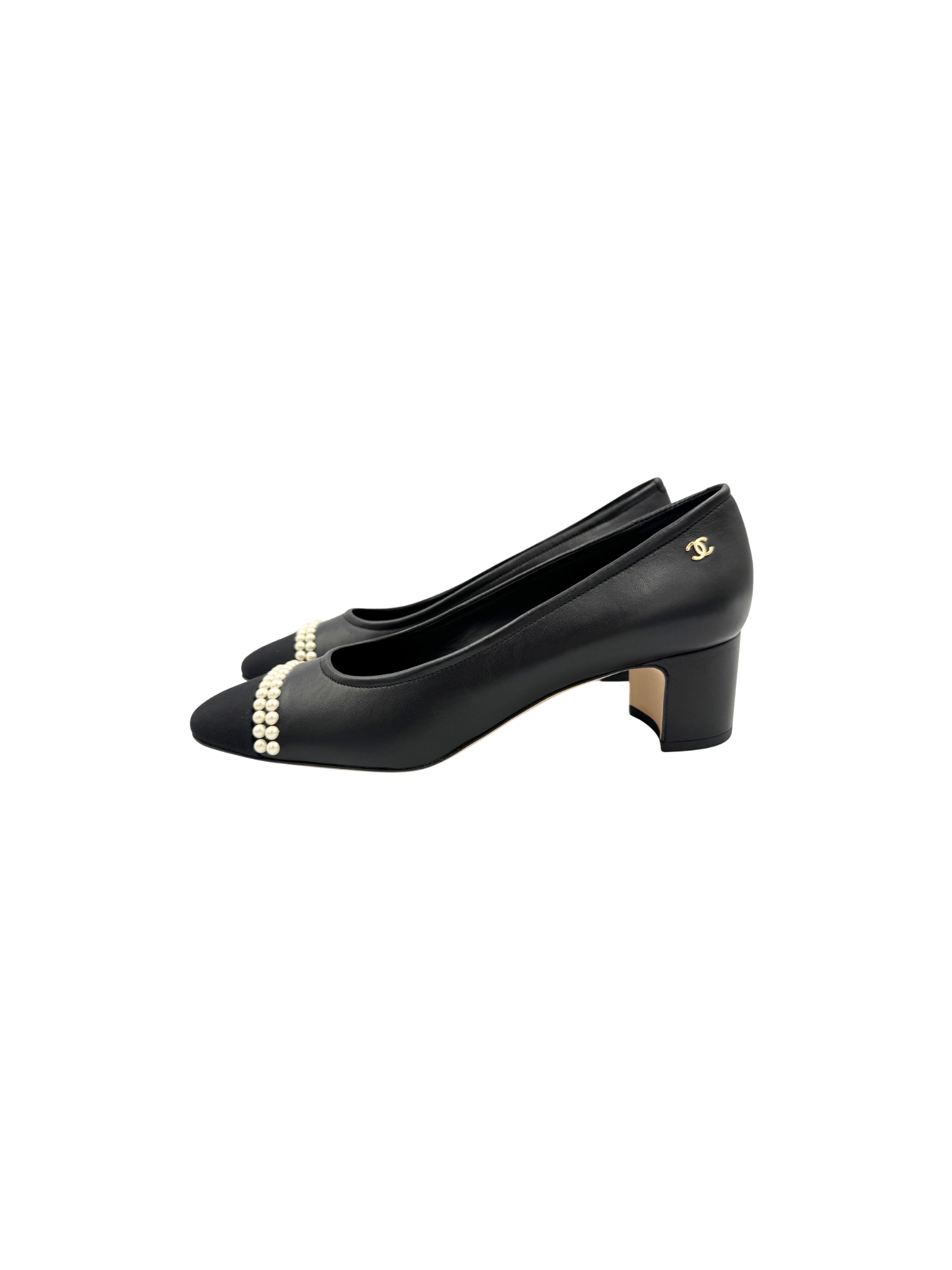 Size 39 2020 Pearl-Embellished CC Cap-Toe Pumps in Black Leather