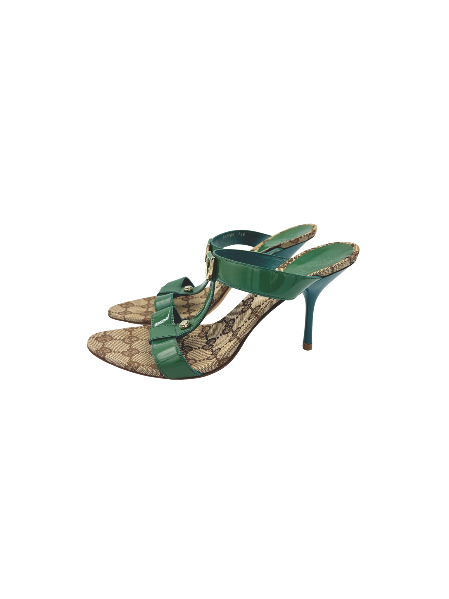 Size 7.5 Vintage Tom Ford Era GG T-Strap Mule Sandals in Green Patent Leather & Monogram GG Supreme Canvas