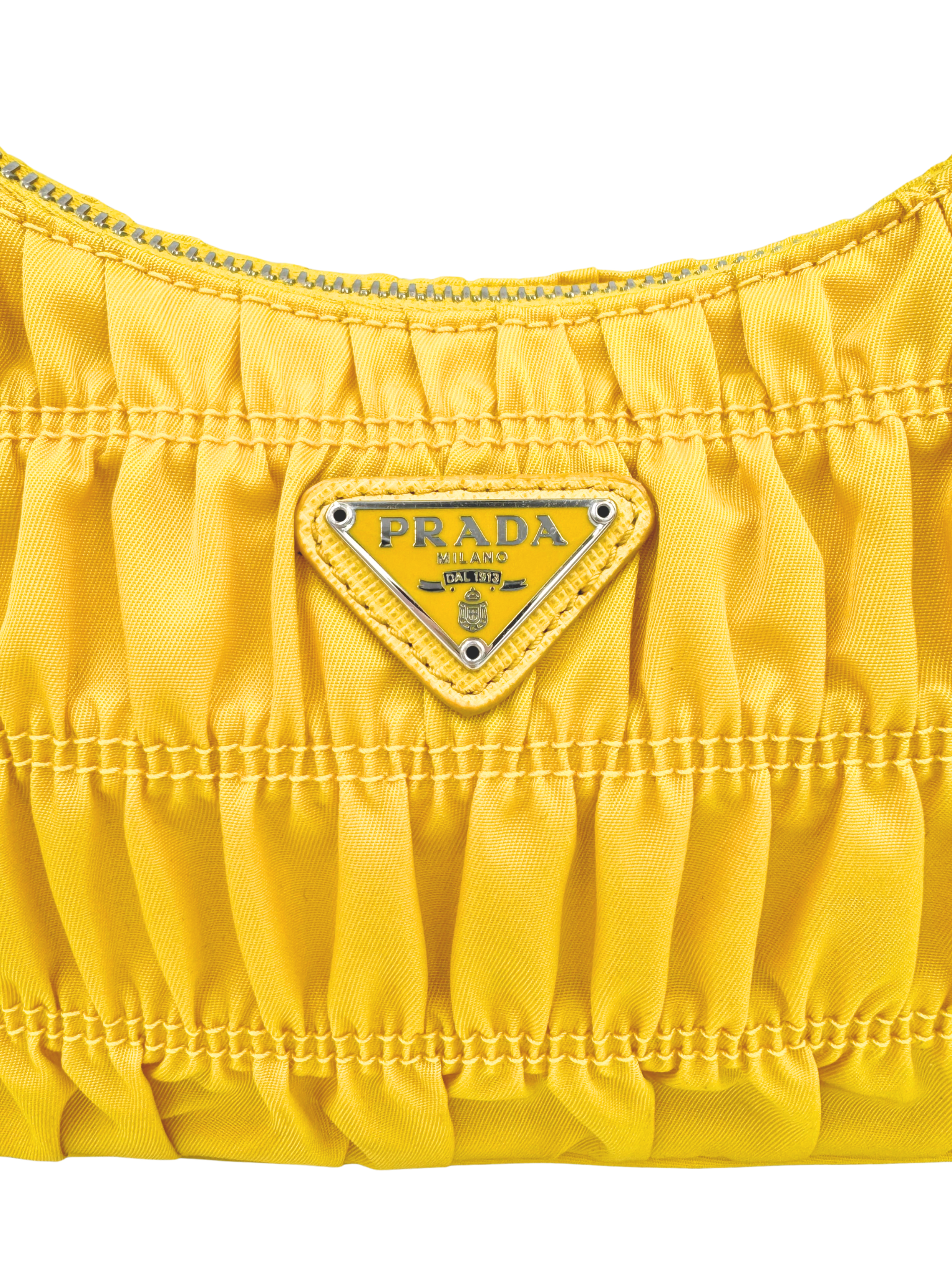 Ruched Shoulder Bag with Triangle Logo Plate in Yellow Nylon