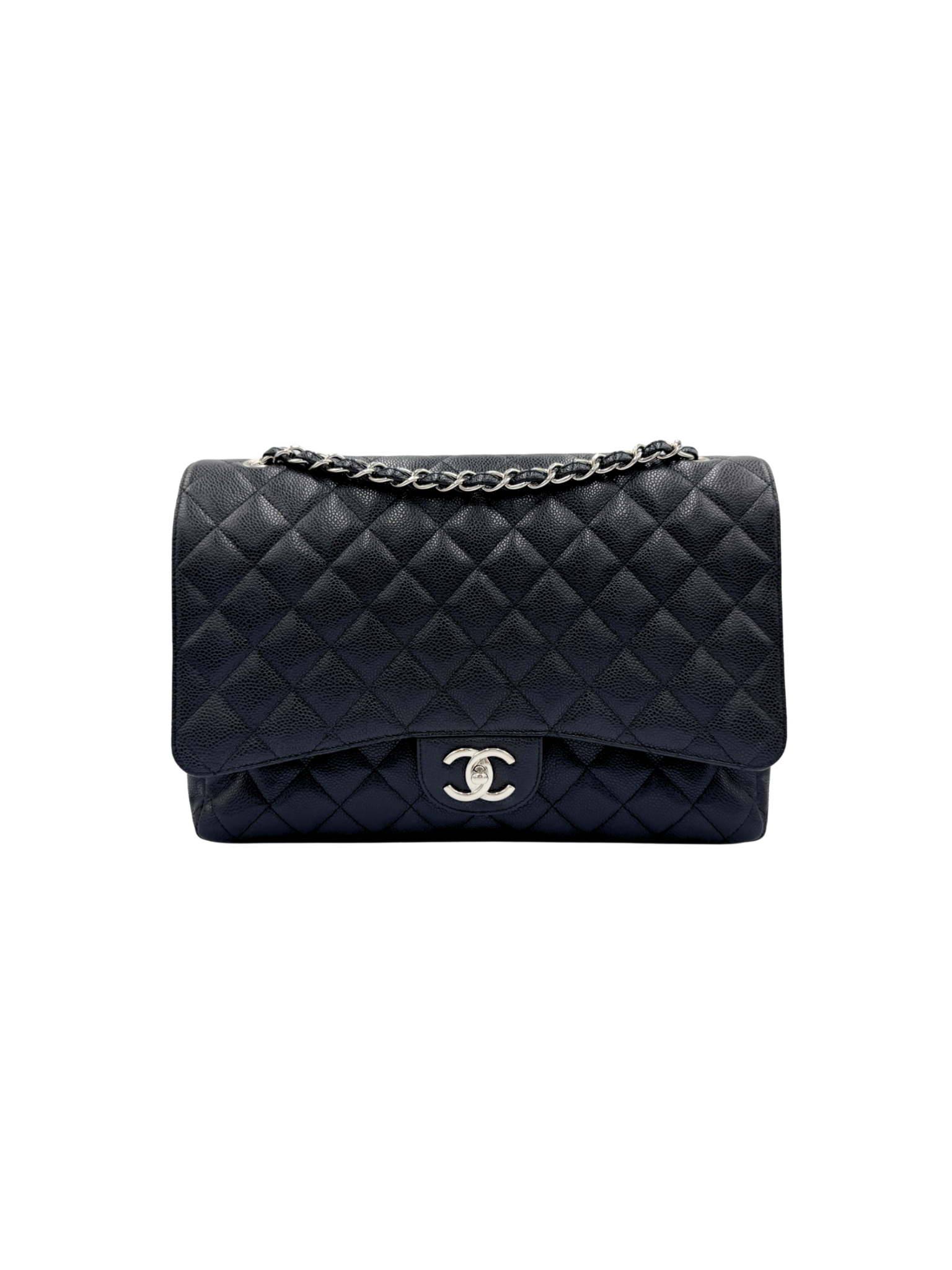 Quilted Maxi Classic Double Flap Shoulder Bag in Black Caviar Leather