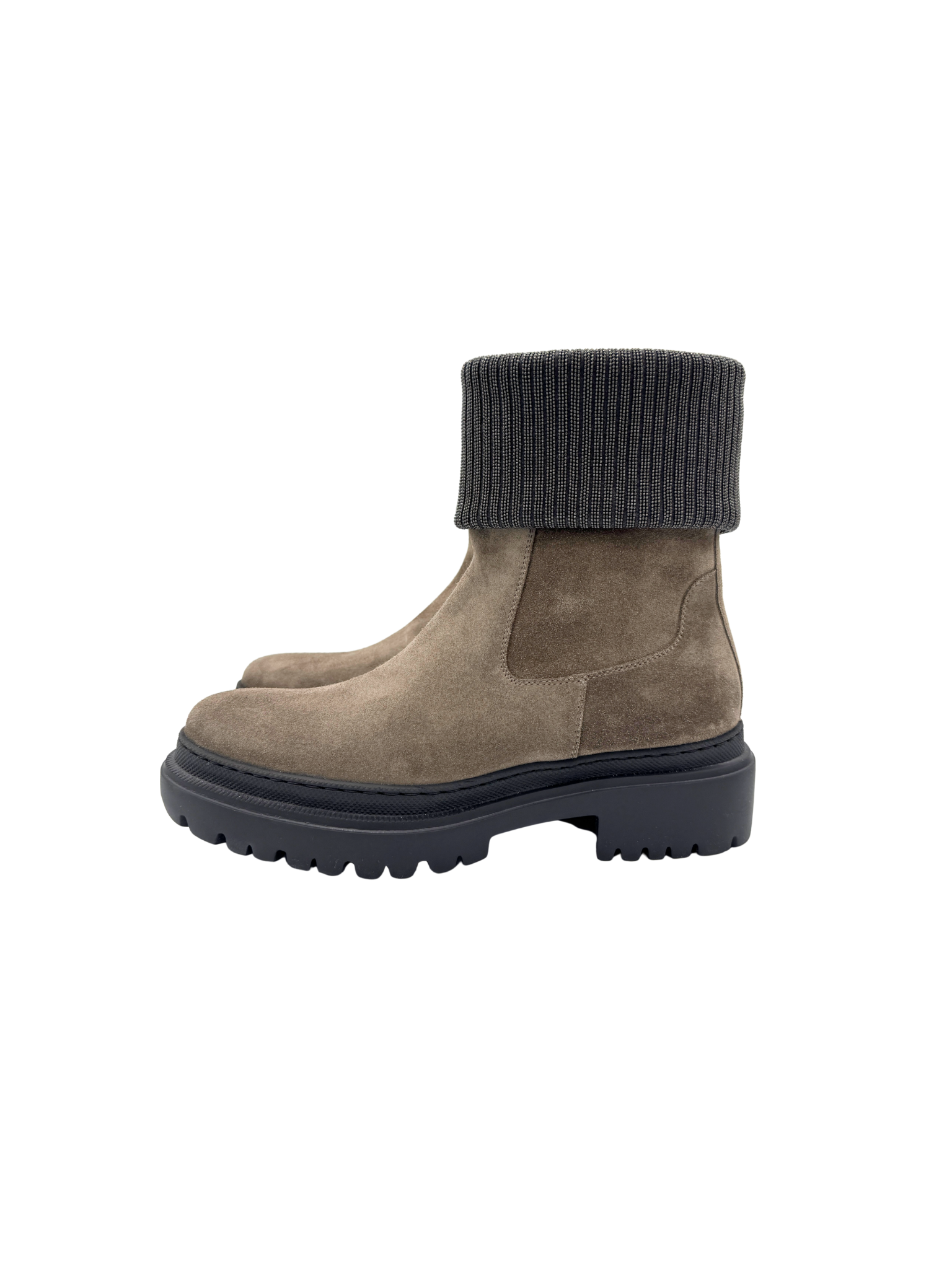 Size 40 Ankle Boots with Monili Trim Ribbed Cuff in Grey Suede