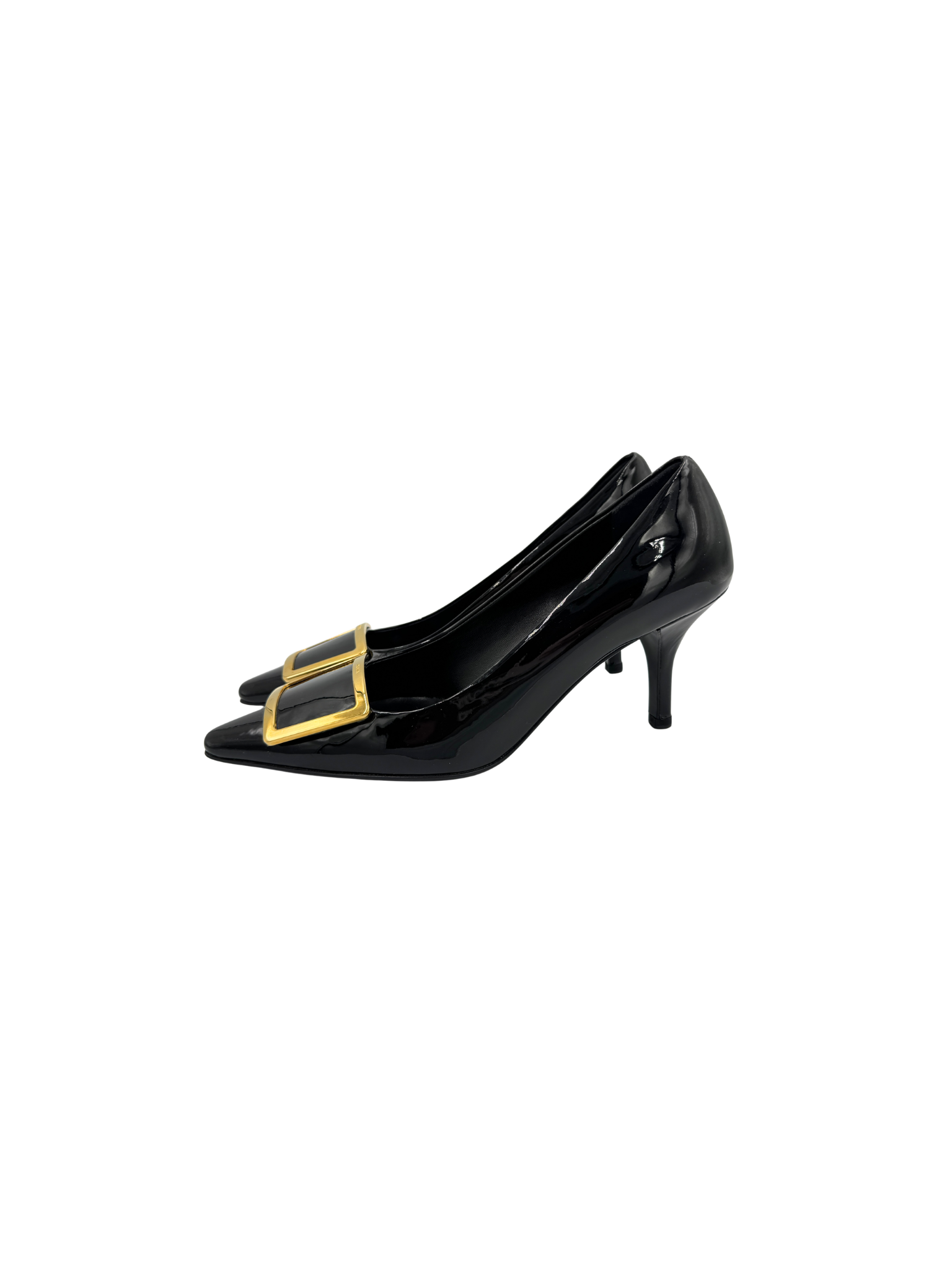 Size 36.5 Pointed Toe Pumps with Square Buckle in Black Leather