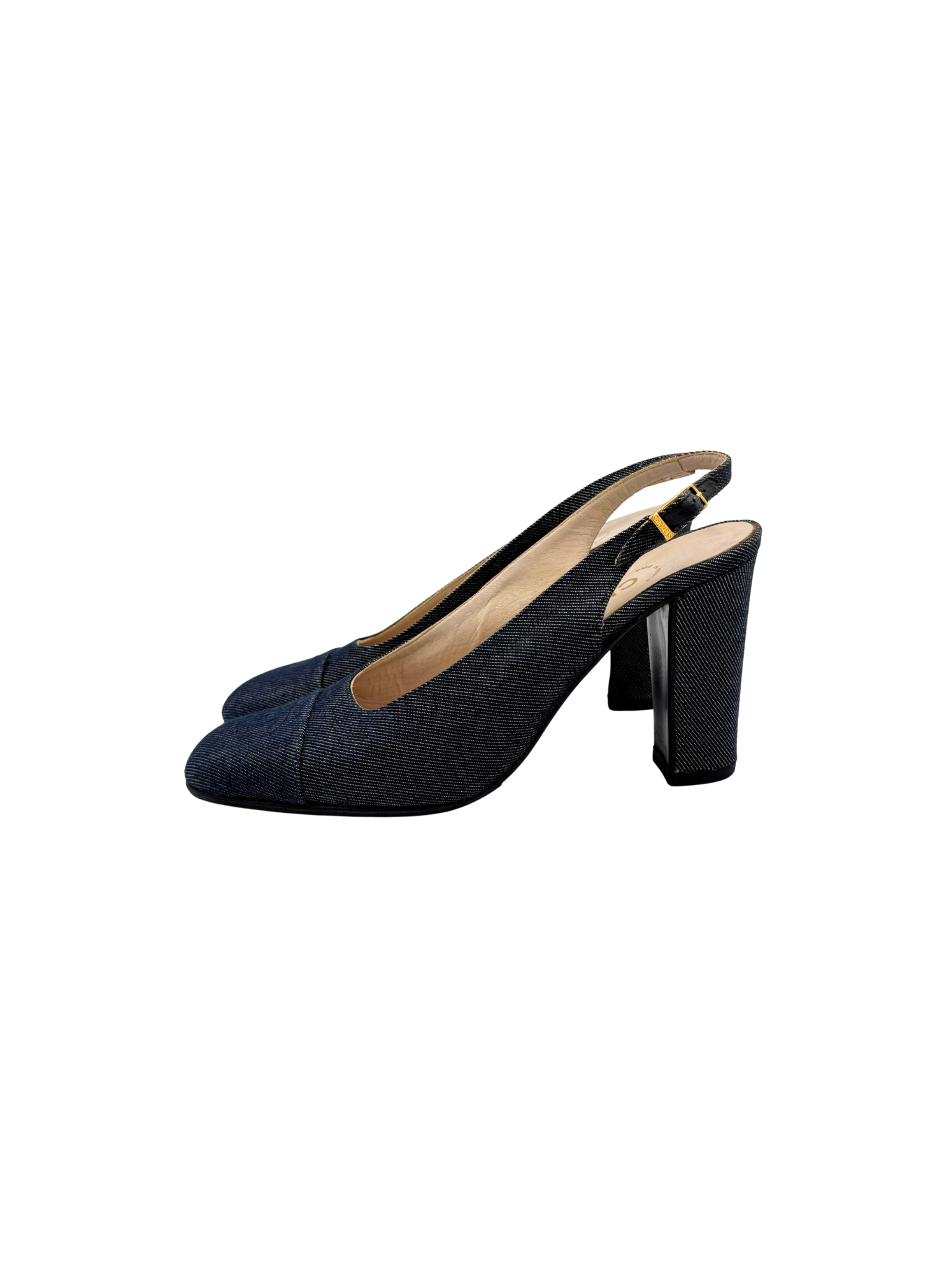 Size 37.5 Vintage Karl Lagerfeld Era CC Logo Slingback Heels in Navy Denim