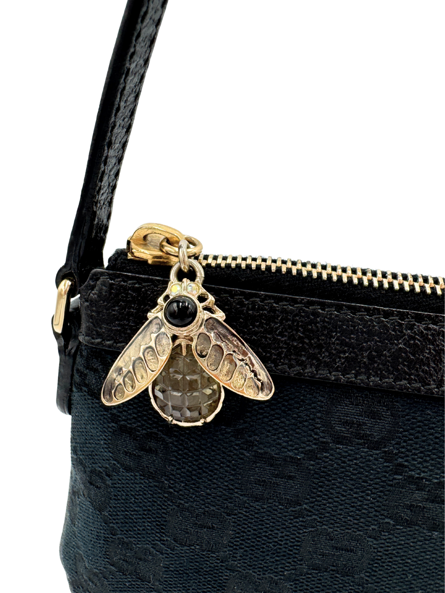 Gucci Pochette Shoulder Bag with Crystal Bee Charm in Black Monogram GG Logo Canvas