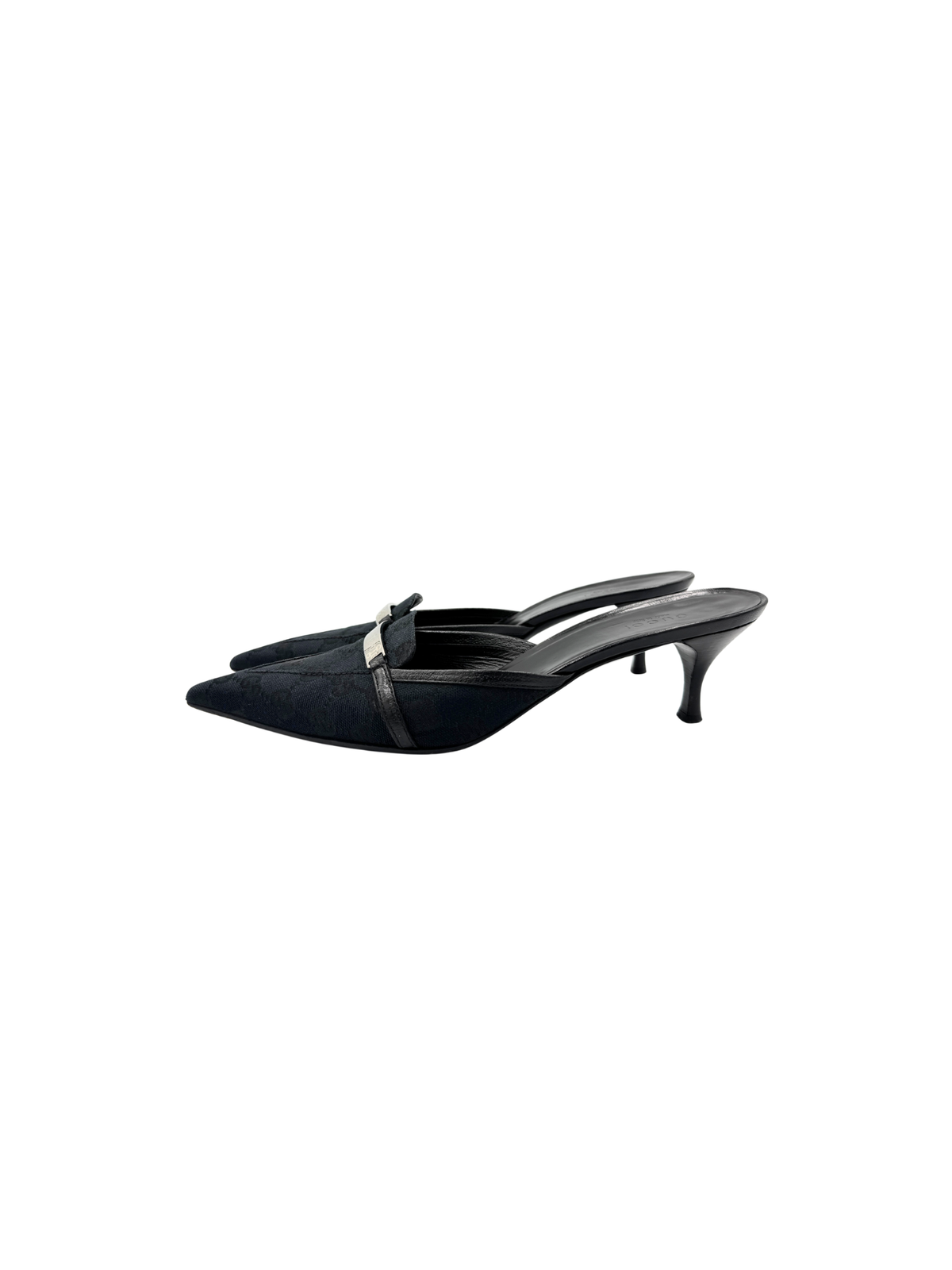 Size 9 Vintage Tom Ford Era Pointed Toe Mules with Horsebit Logo Plate  in Black Monogram GG Supreme Canvas