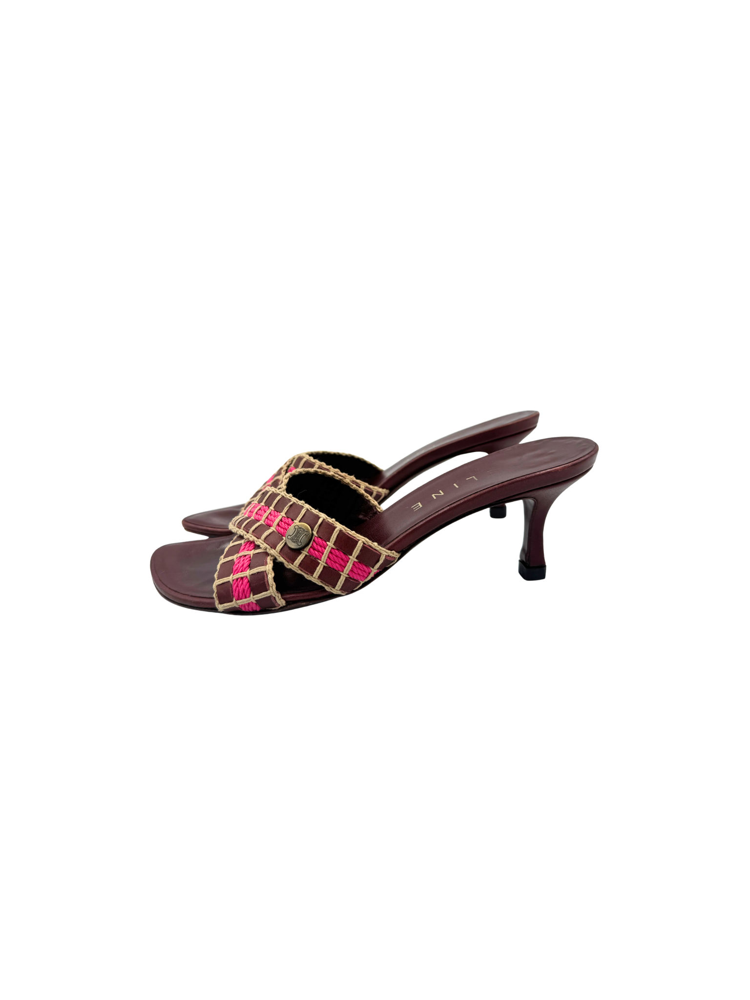 Size 37 Vintage Triomphe CC Logo Crochet Strappy Mule Sandals in Burgundy Red Leather with Pink Accents