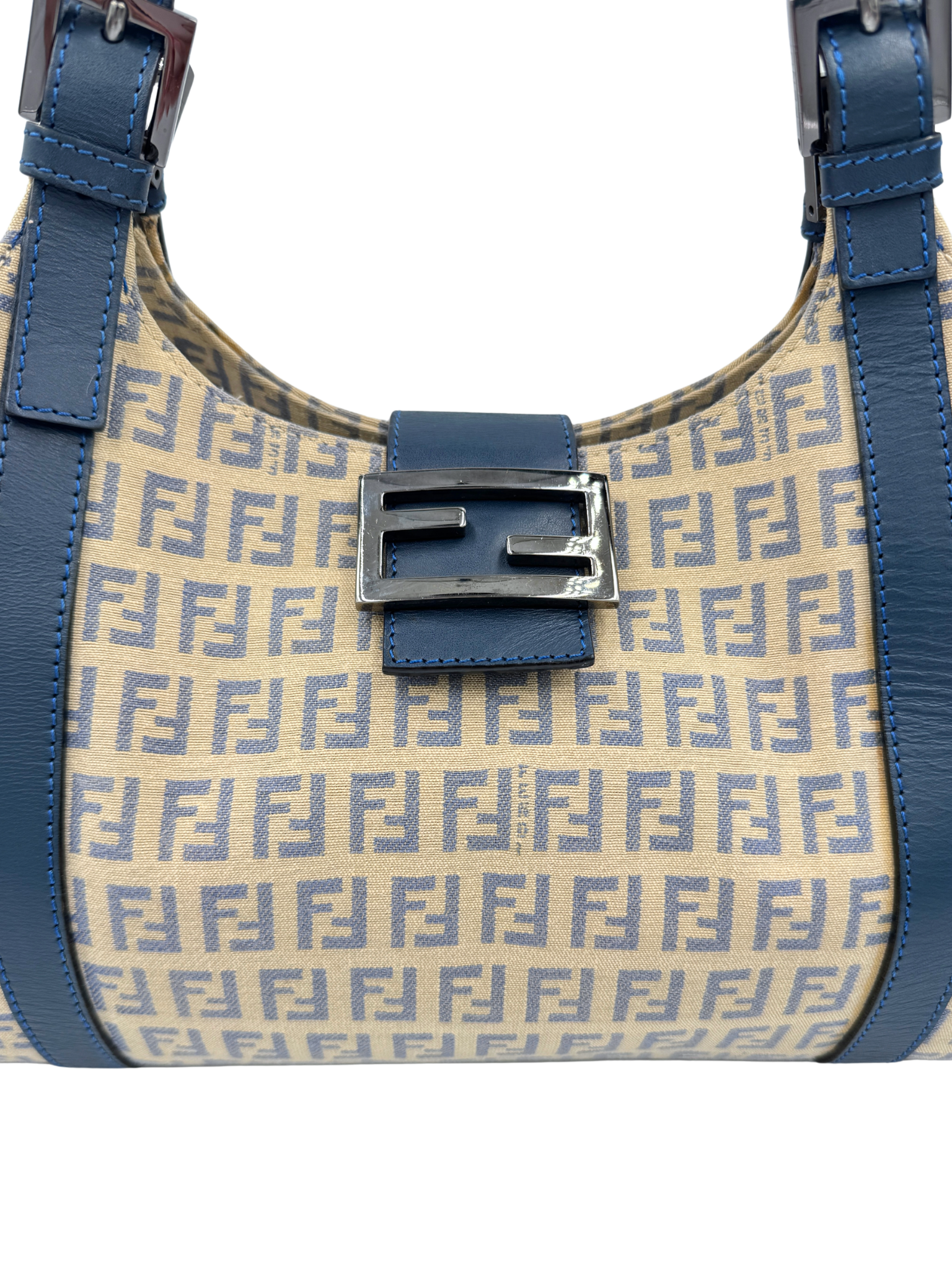 Vintage FF Zucchino Monogram Trapezoid Shoulder Bag in Ivory and Navy Canvas