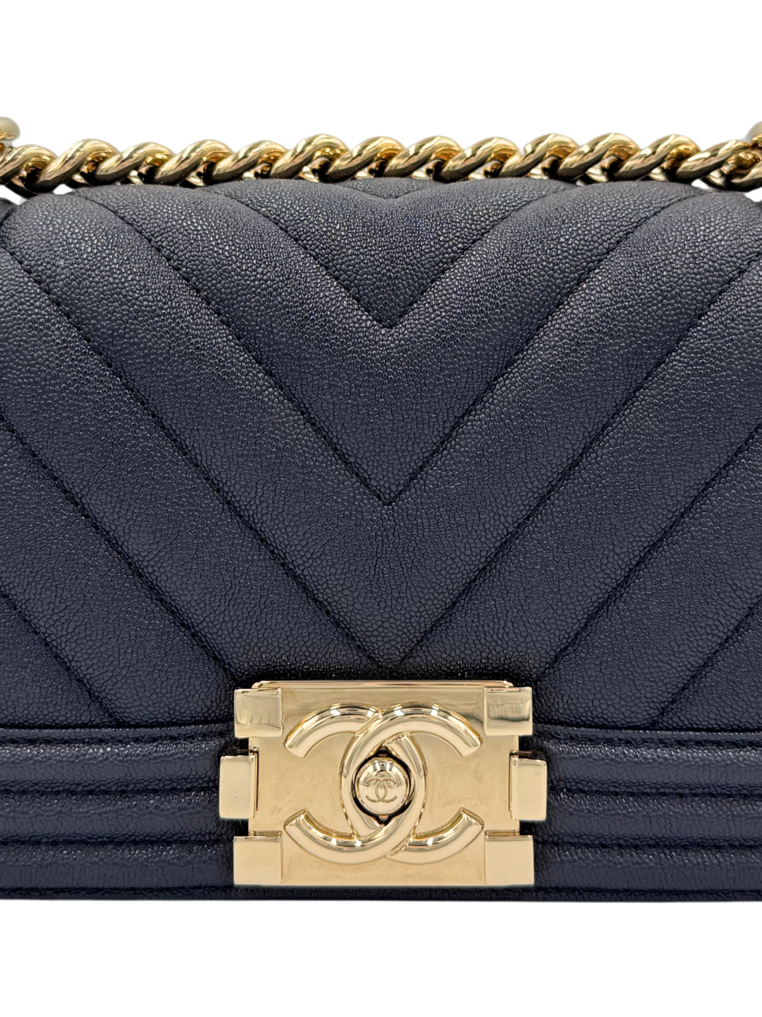 2020 Small Chevron Boy Bag in Navy Blue Caviar Leather