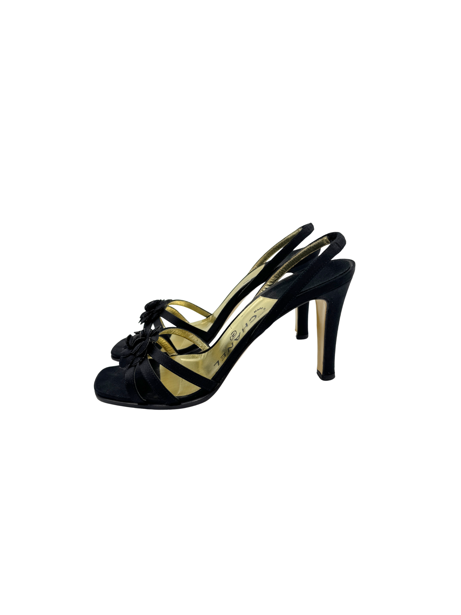 Size 38.5 Vintage Karl Lagerfeld Era Camellia Strappy Square Toe Sandals in Black Fabric