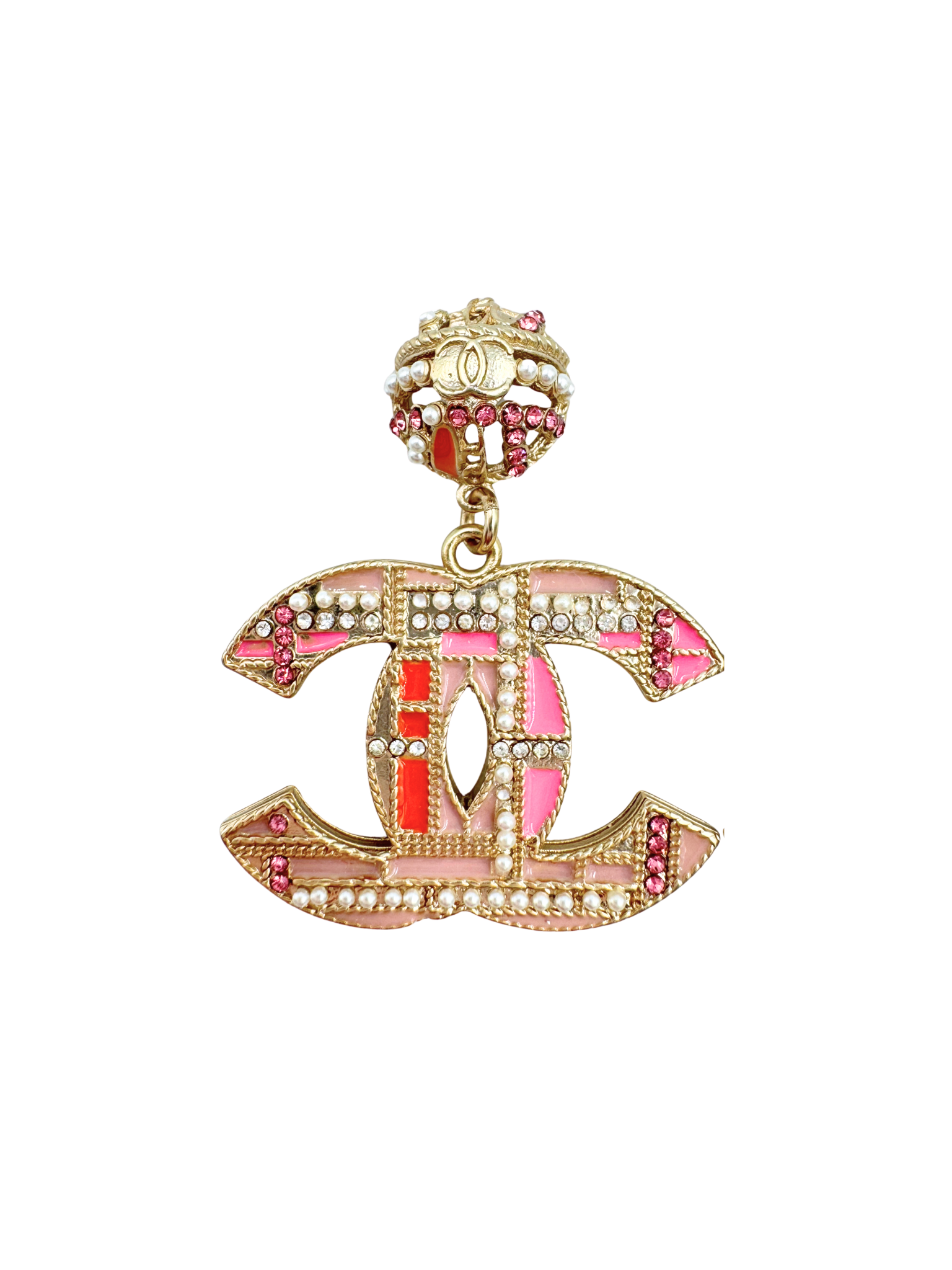 2020 CC Pearl & Crystal-Embellished Drop Earrings in Champagne Gold Hardware with Pink/Orange Enamel