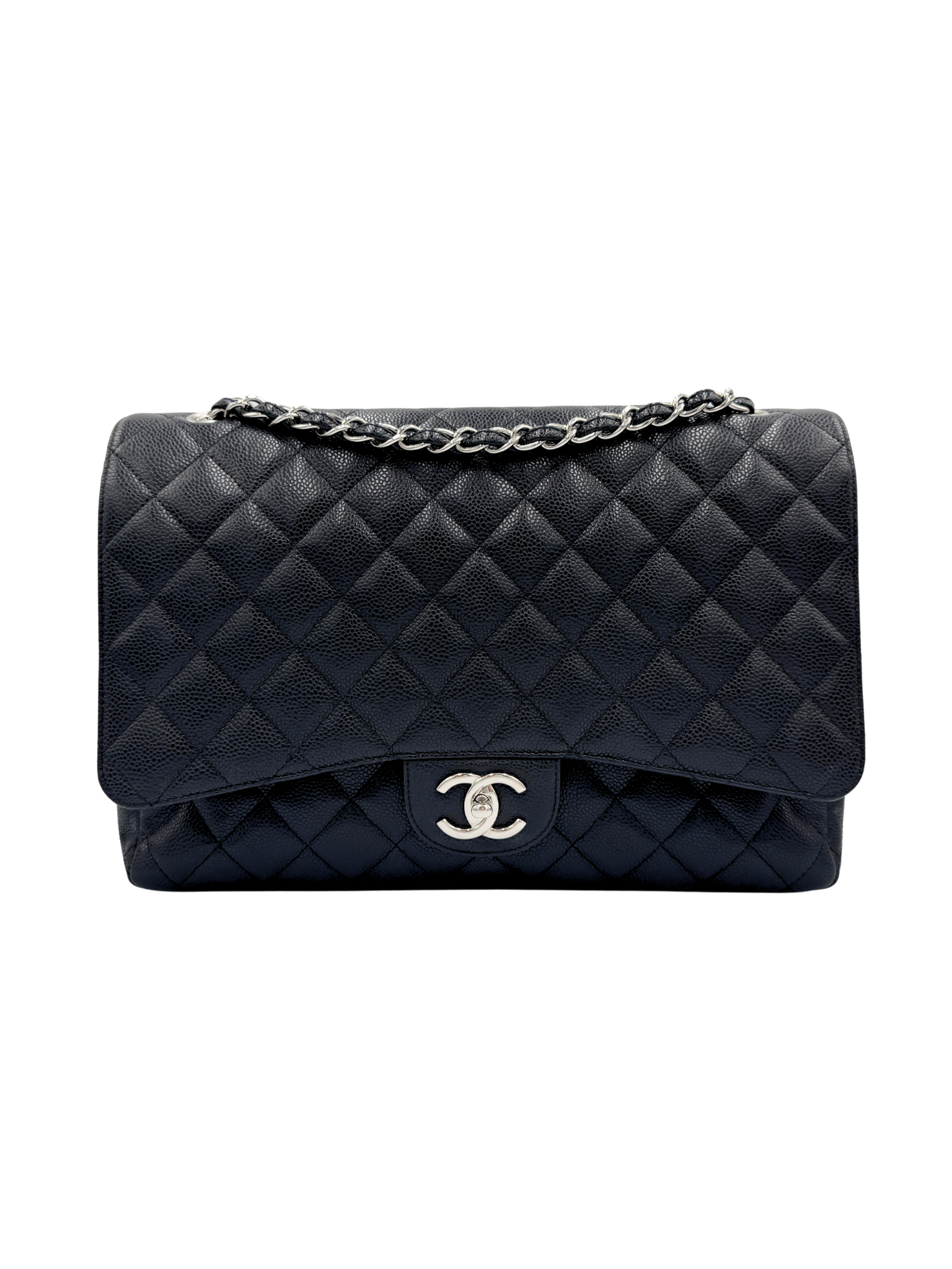 Quilted Maxi Classic Double Flap Shoulder Bag in Black Caviar Leather