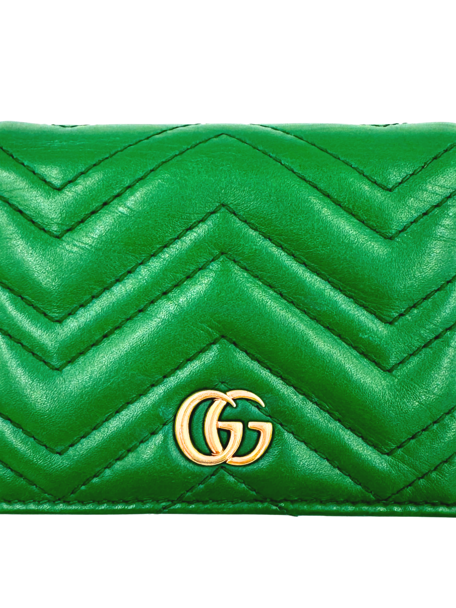 GG Marmont Chevron Matelasse Quilted Foldover Card Holder Wallet in Green Leather