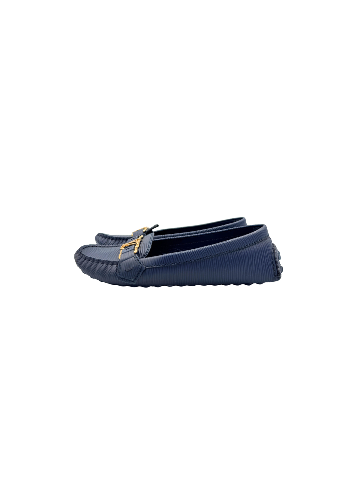 Size 38 Vintage LV Logo Flat Driving Loafer Moccasins in Blue Epi Leather
