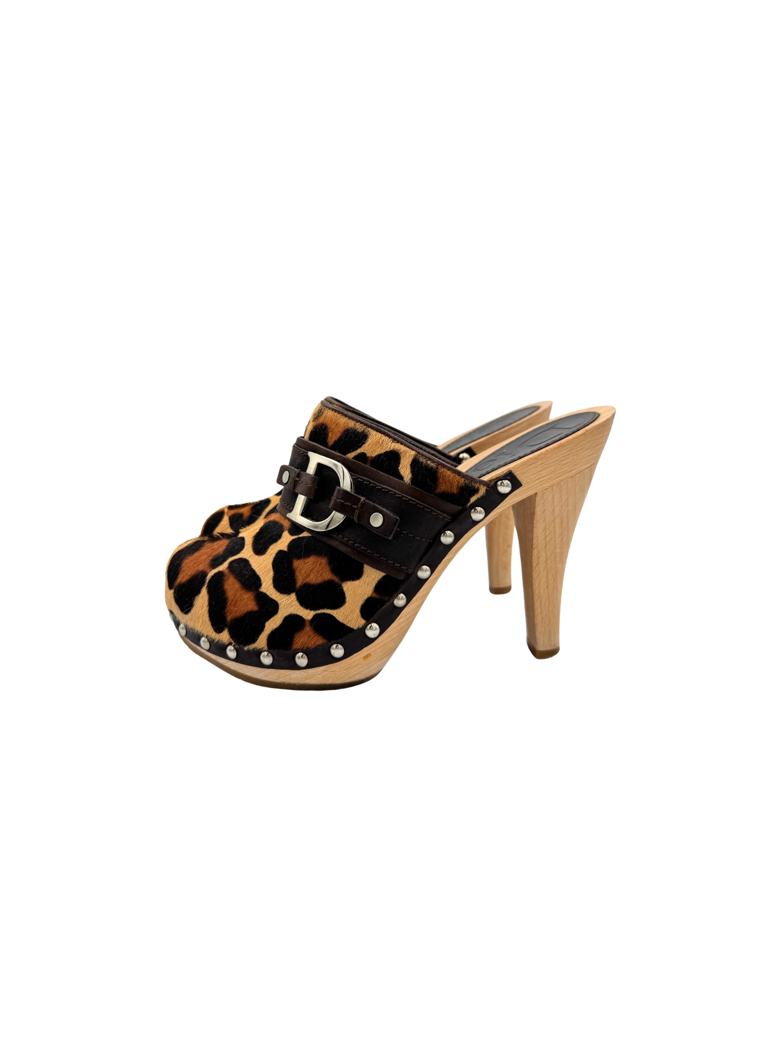 Size 38 Vintage John Galliano Era CD Logo High Heel Clogs in Leopard Print Pony Hair