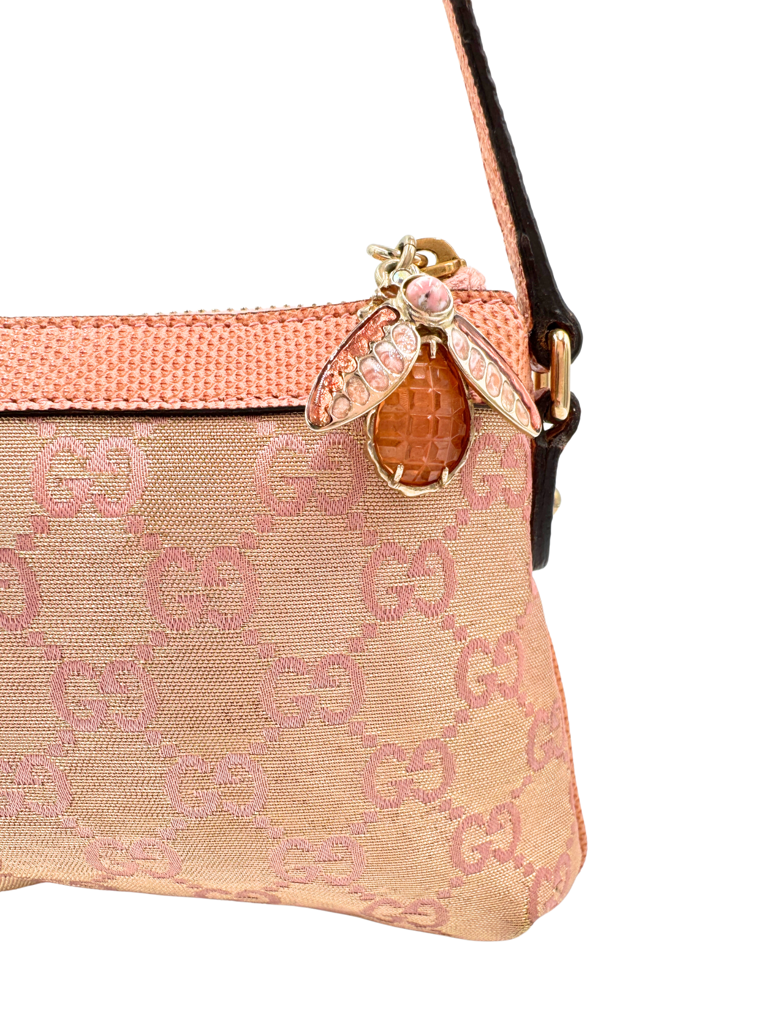 Iridescent GG Monogram Shoulder Bag Pochette with Bumble Bee Charm in Pink Canvas with Lizard Embossed Trim