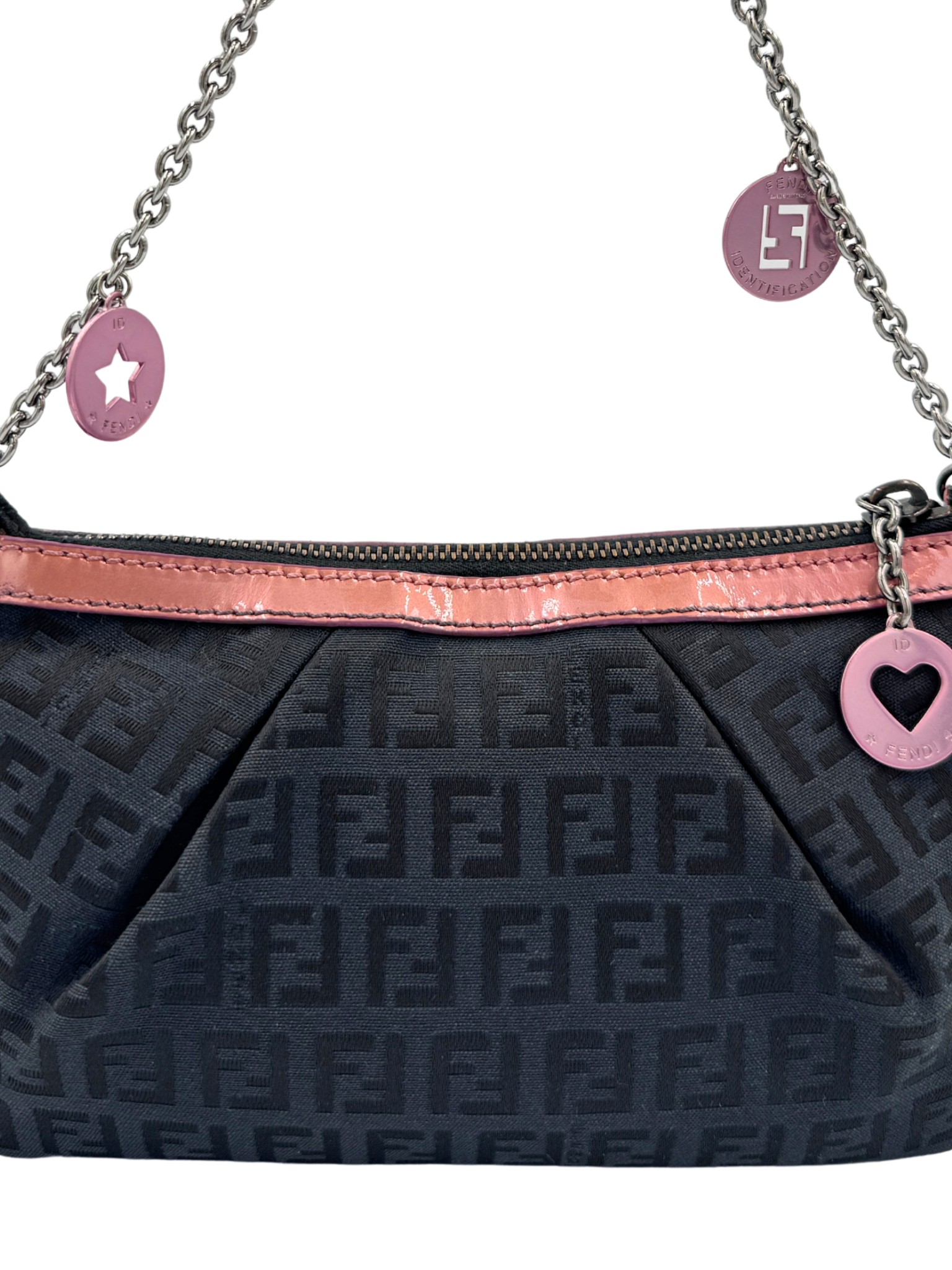 Vintage Zucchino FF Pochette Shoulder Bag with Fendi Strap Charms in Black Monogram Logo Jacquard Fabric with Pink Trim