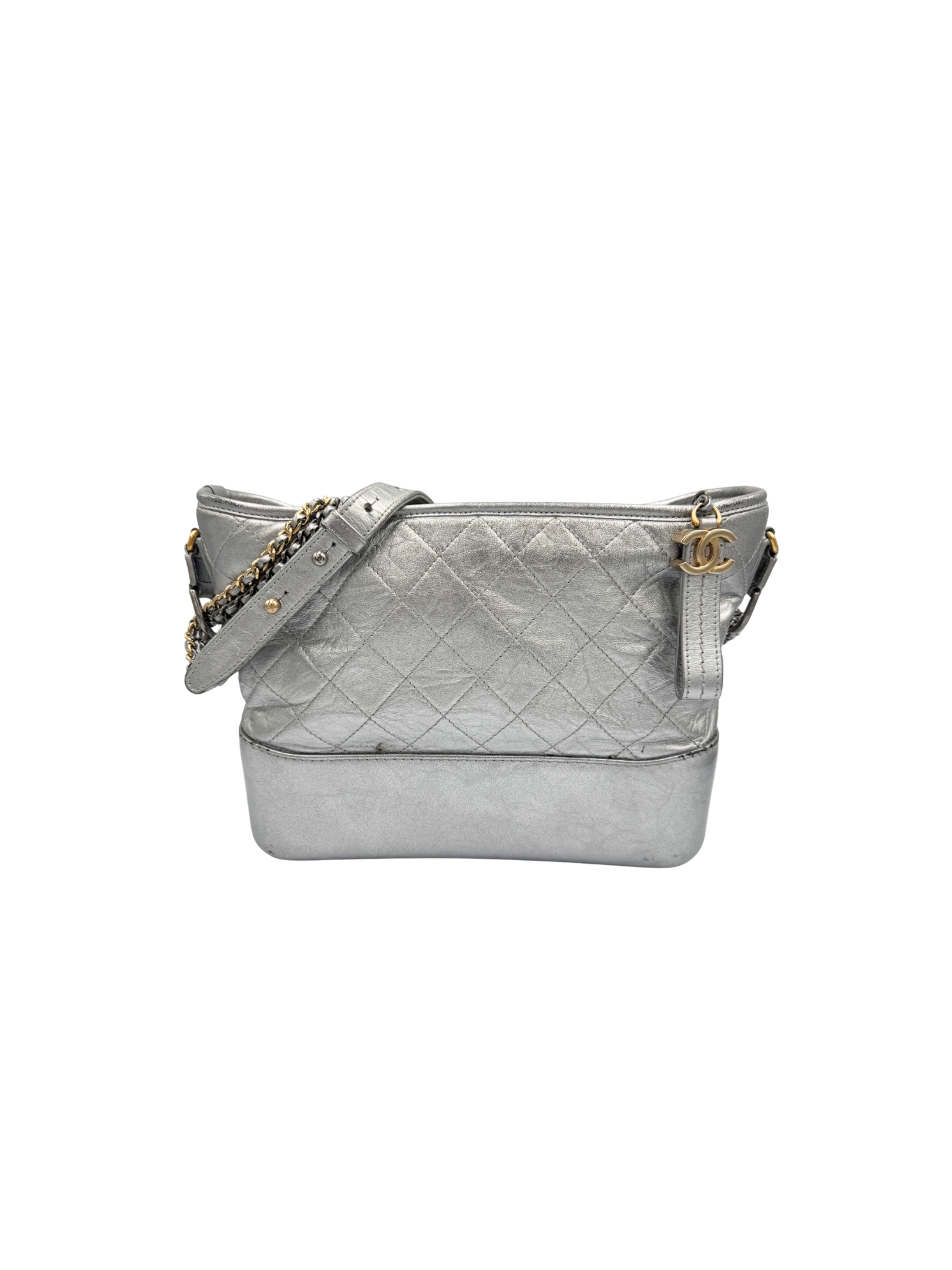 Medium Gabrielle Hobo Shoulder Bag in Aged Silver Calfskin Leather