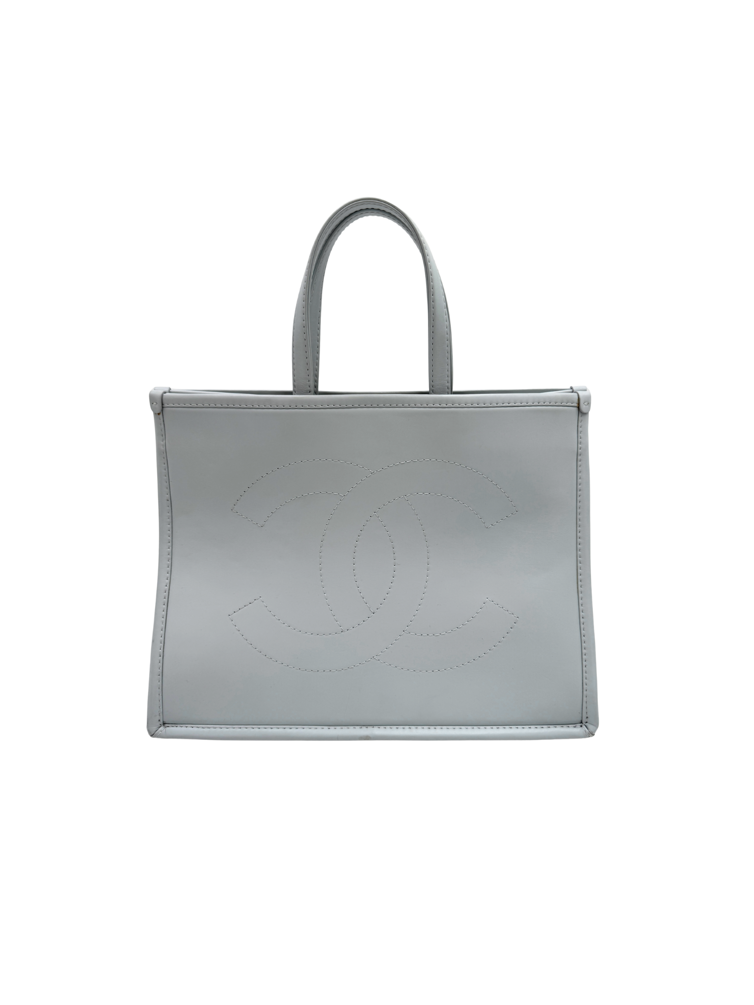 Embellished Watercolor Runway Shopping Tote Bag in Pale Blue Calfskin Leather