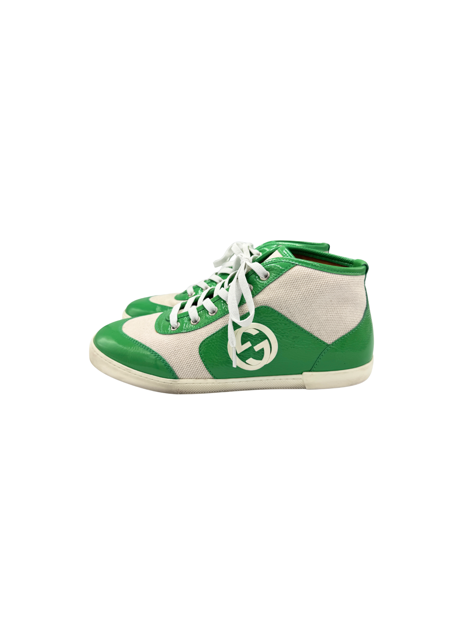 Size 37.5 GG Lace-Up High-Top Sneakers in Ivory Canvas with Green Leather Accents