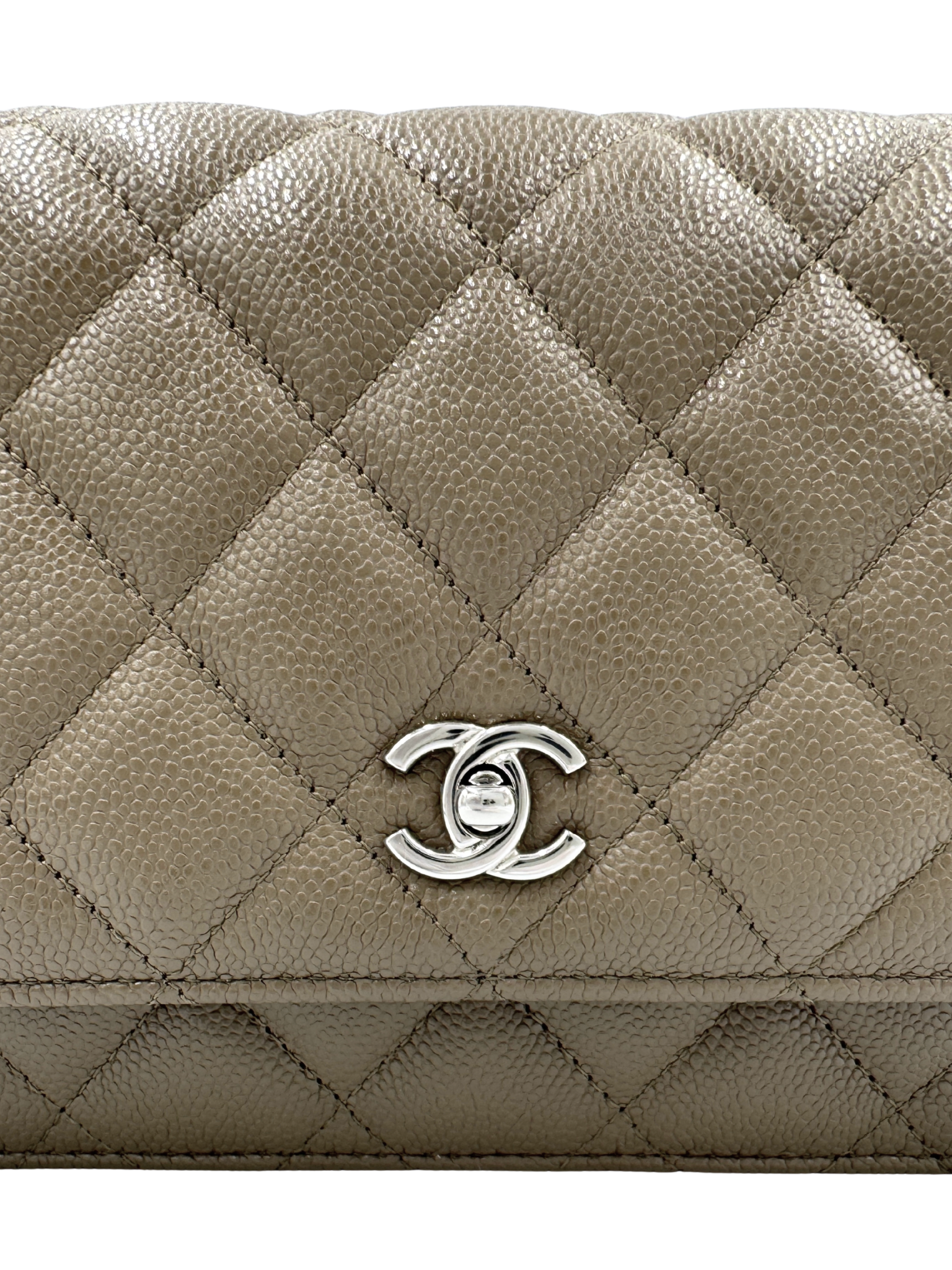 Classic Quilted Wallet on Chain Crossbody Shoulder Bag with CC Turnlock in Taupe Caviar Leather