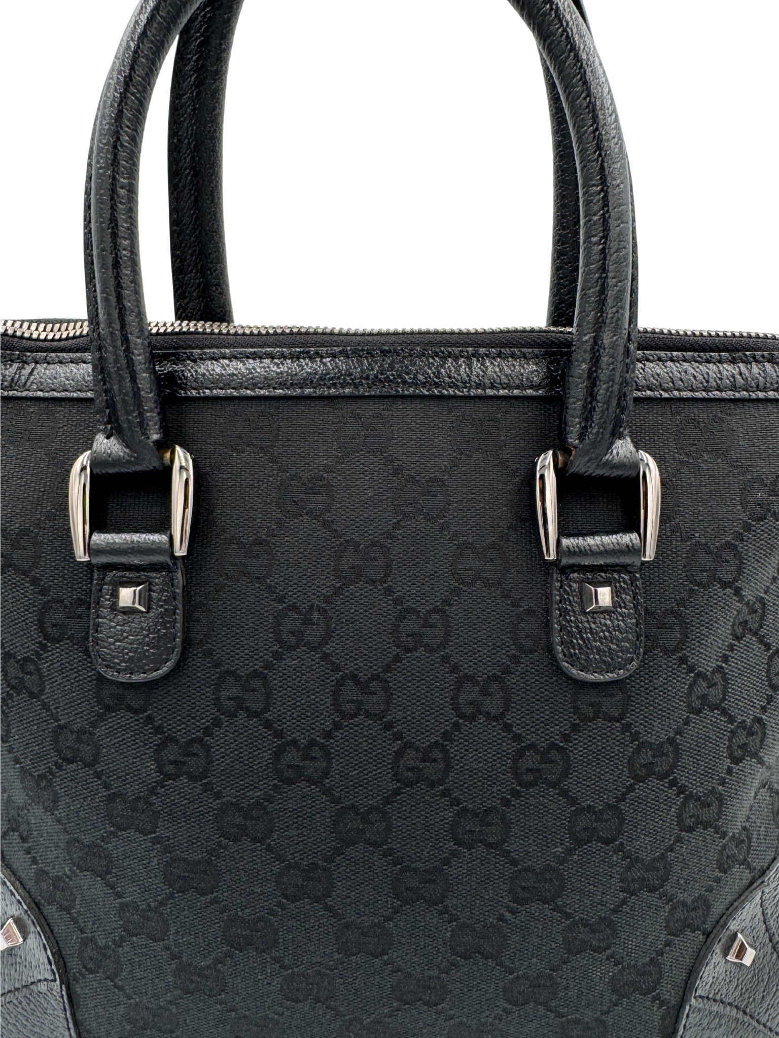 Vintage Tom Ford Era Dome Satchel with Top Handle and Micro Studs in Black Monogram GG Supreme Canvas with Leather Trim