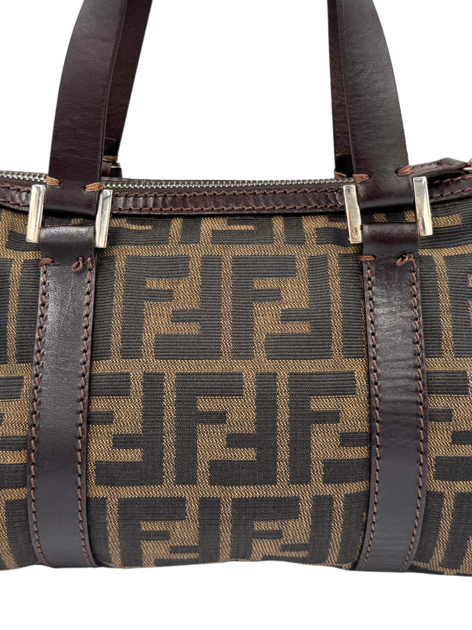Vintage FF Zucca Boston Bag with Top Handle in Brown and Tan Monogram Canvas with Brown Leather Trim