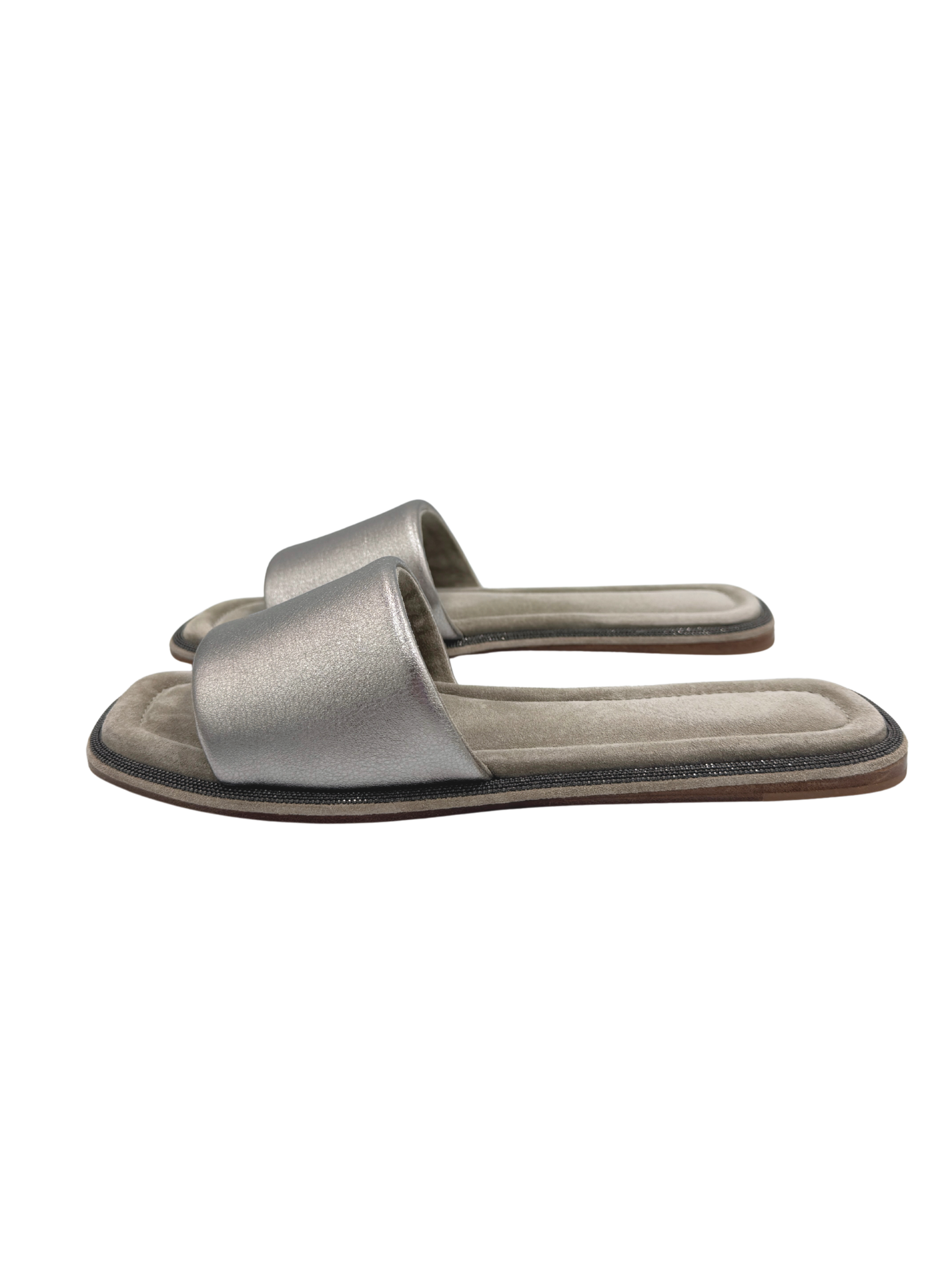 Size 40 Flat Slide Sandals in Silver Leather & Grey Suede