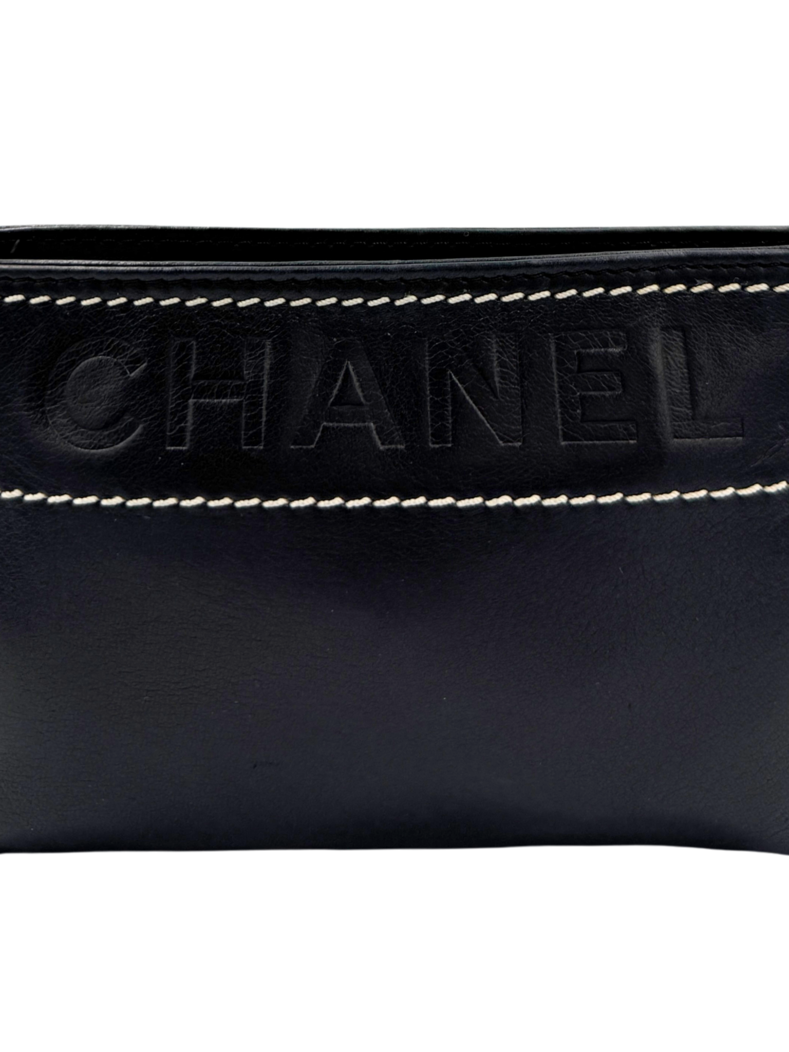Logo Shoulder Bag Pochette in Black Lambskin Leather with Contrast Stitching