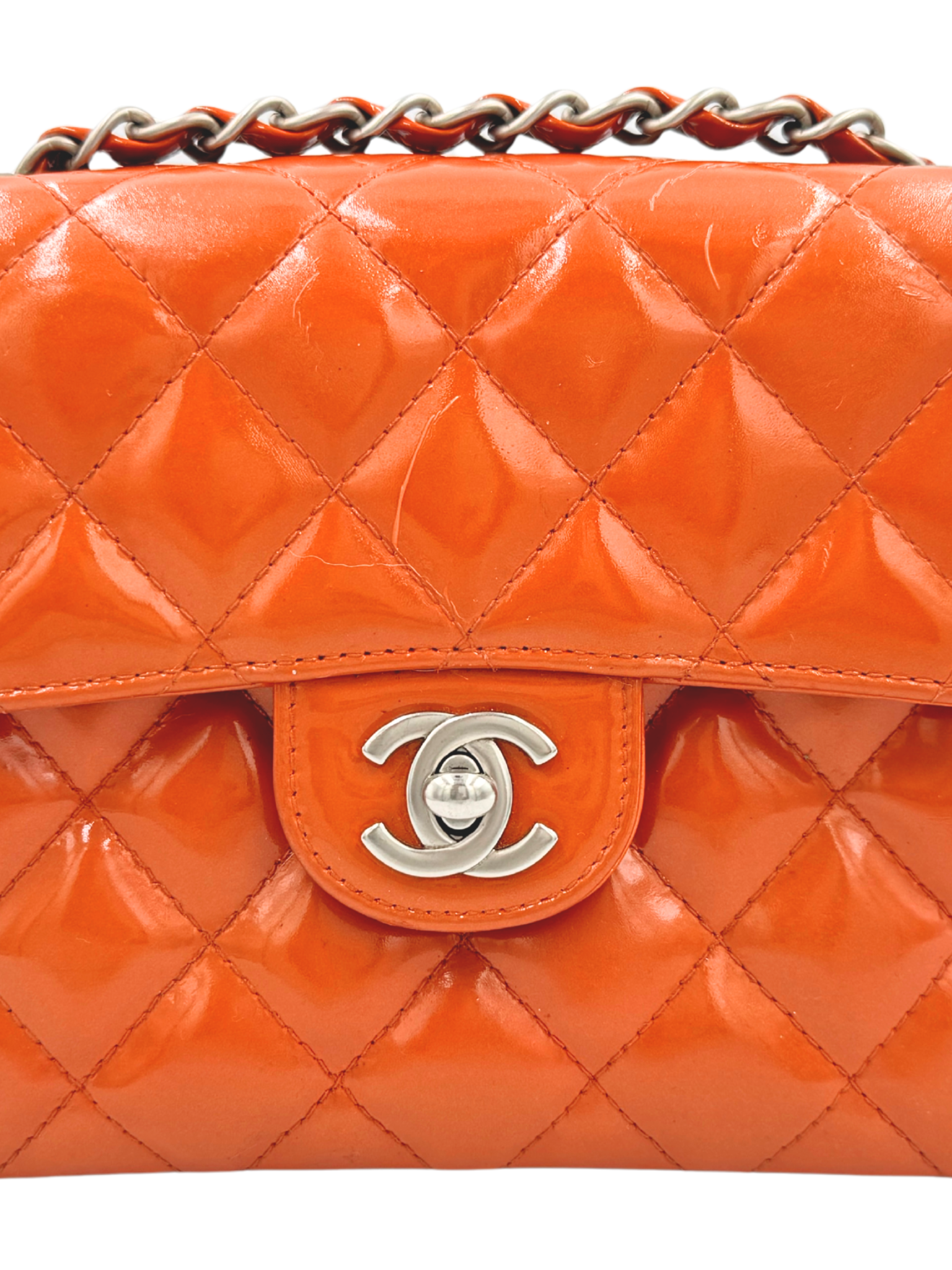 Vintage Karl Lagerfeld Era Square Mini Classic Flap Bag with CC Turnlock in Orange Patent Leather