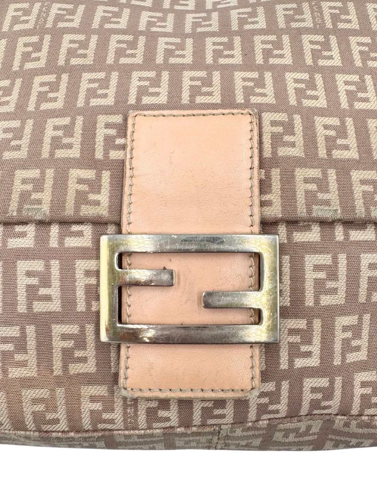 FF Logo Mamma Baguette Hobo Shoulder Bag in Mauve/Brown and Ivory Zucchino Canvas