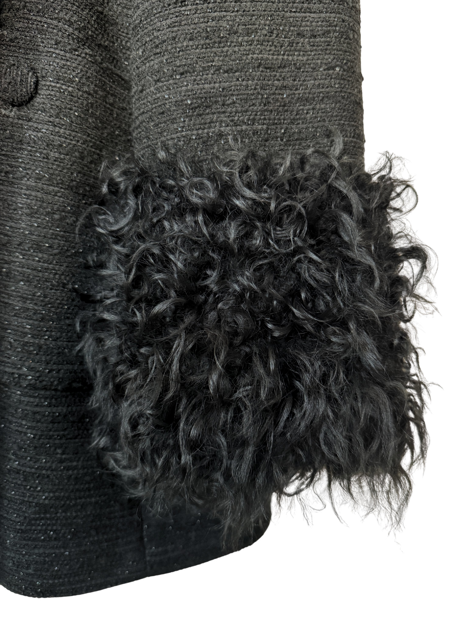 Size IT 48 Blazer Jacket with Lambswool Cuffs in Black Bouclé Tweed with Metallic Accents