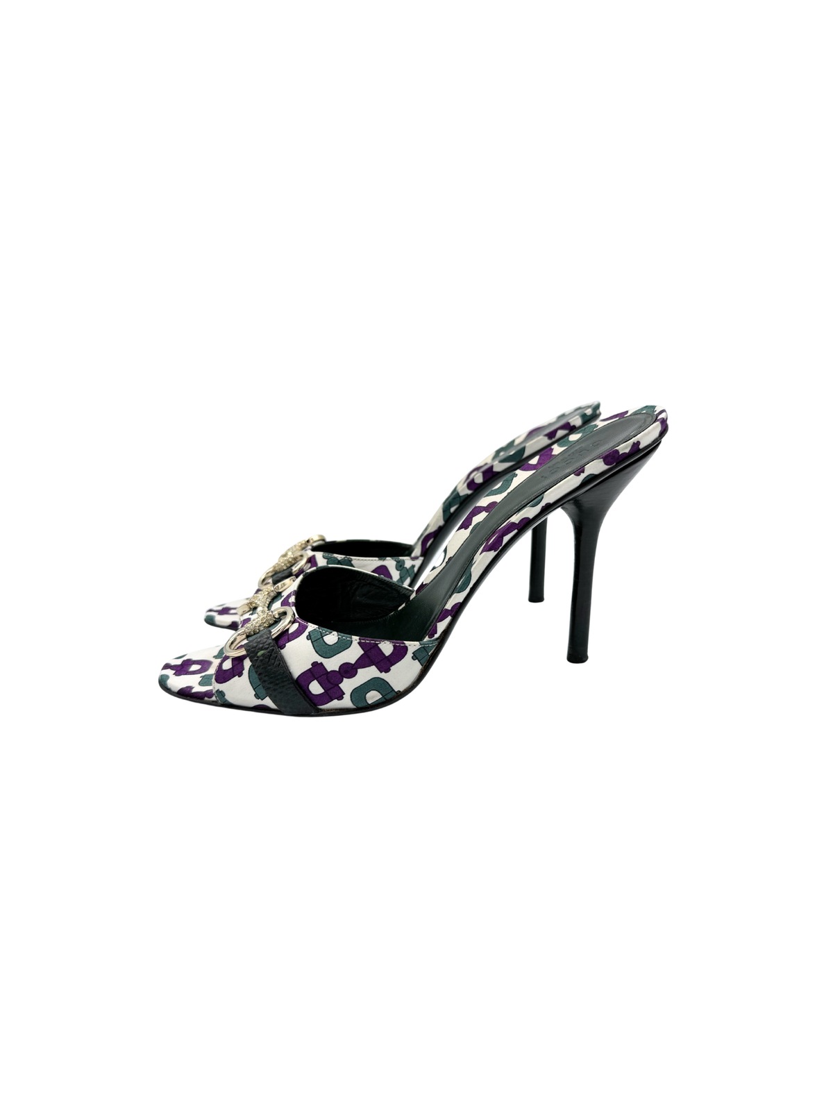 Size 8.5 Vintage Tom Ford Era Crystal Horsebit Graphic Print Mules in Ivory/Purple/Turquoise Satin