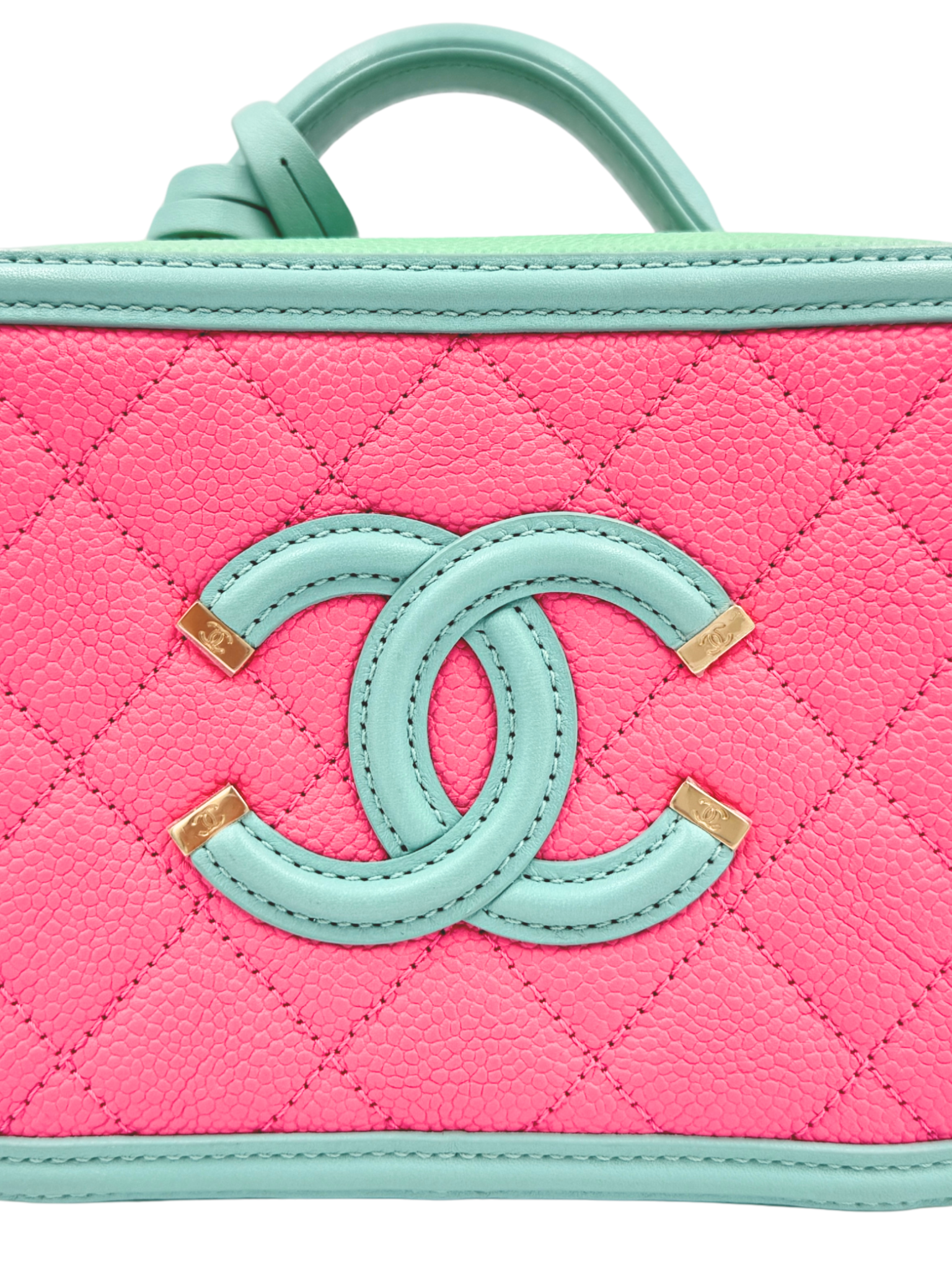 Small Tri-Color CC Classic Quilted Filigree Vanity Case Shoulder Bag in Pink/Green/Blue Caviar Leather