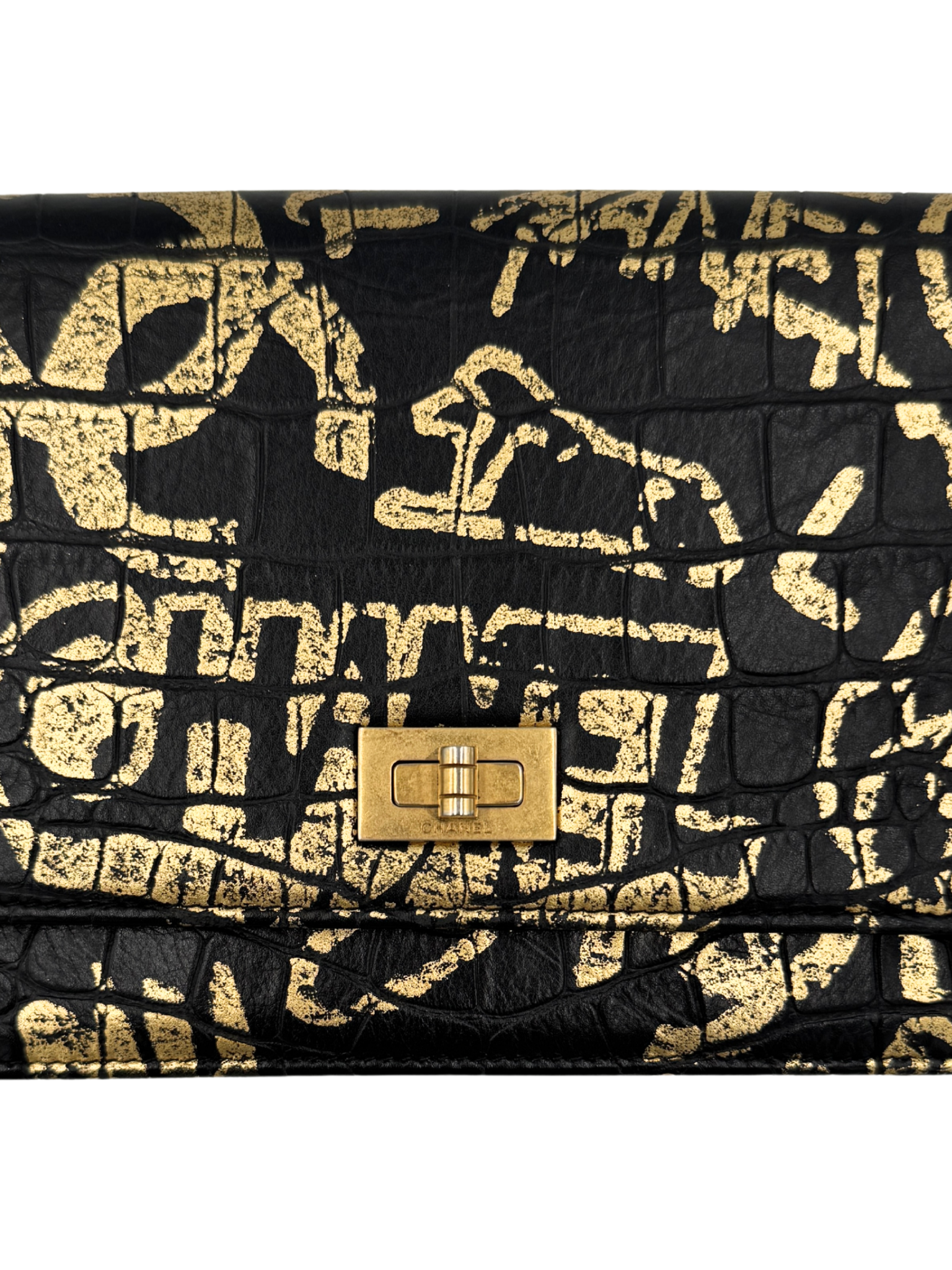 2019 Croc-Embossed Paris-New York Graffiti 2.55 Reissue Wallet on Chain in Black and Gold Leather