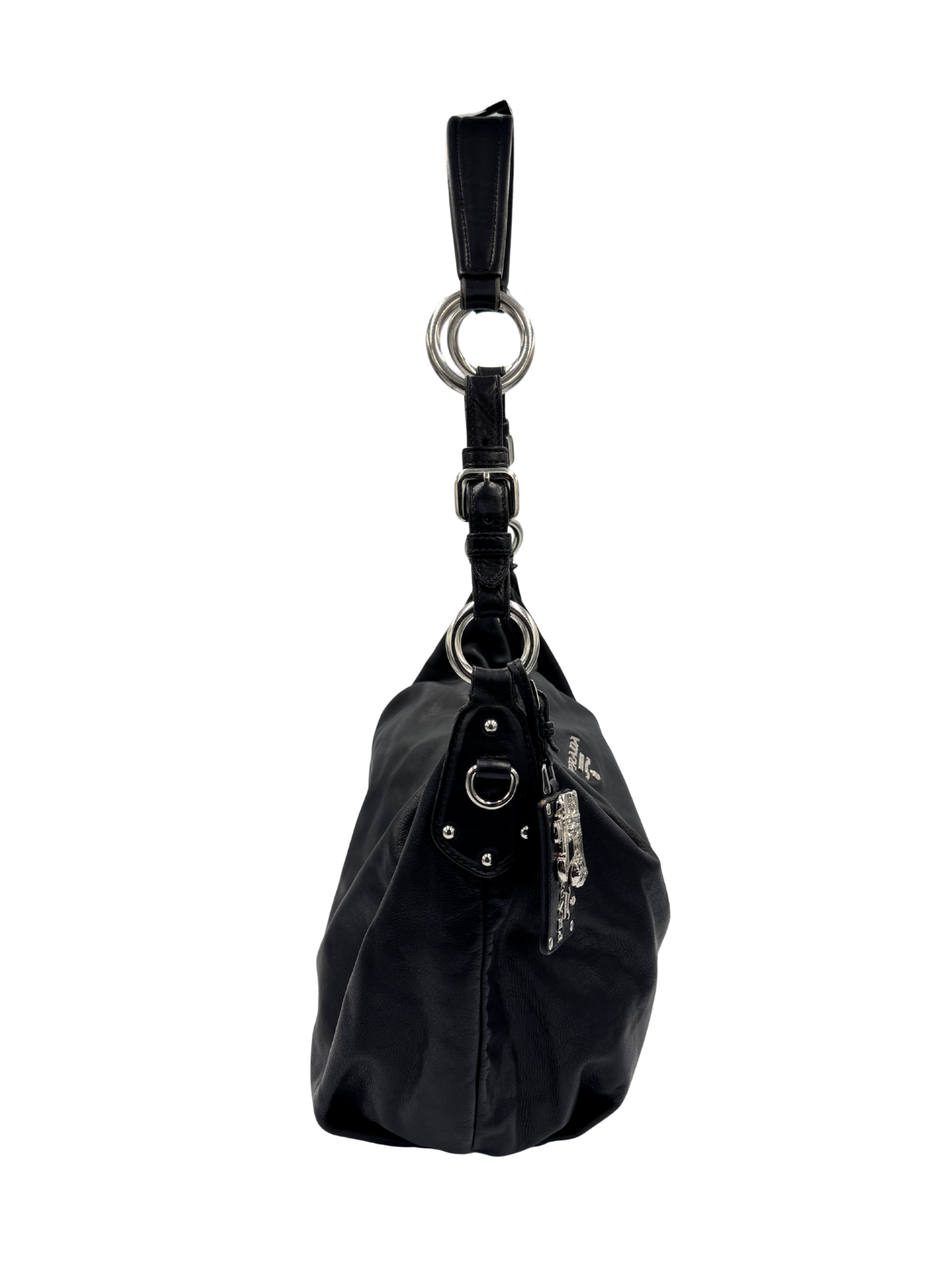 Hobo Shoulder Bag w/ Detachable Bag Charm in Black Aged Leather