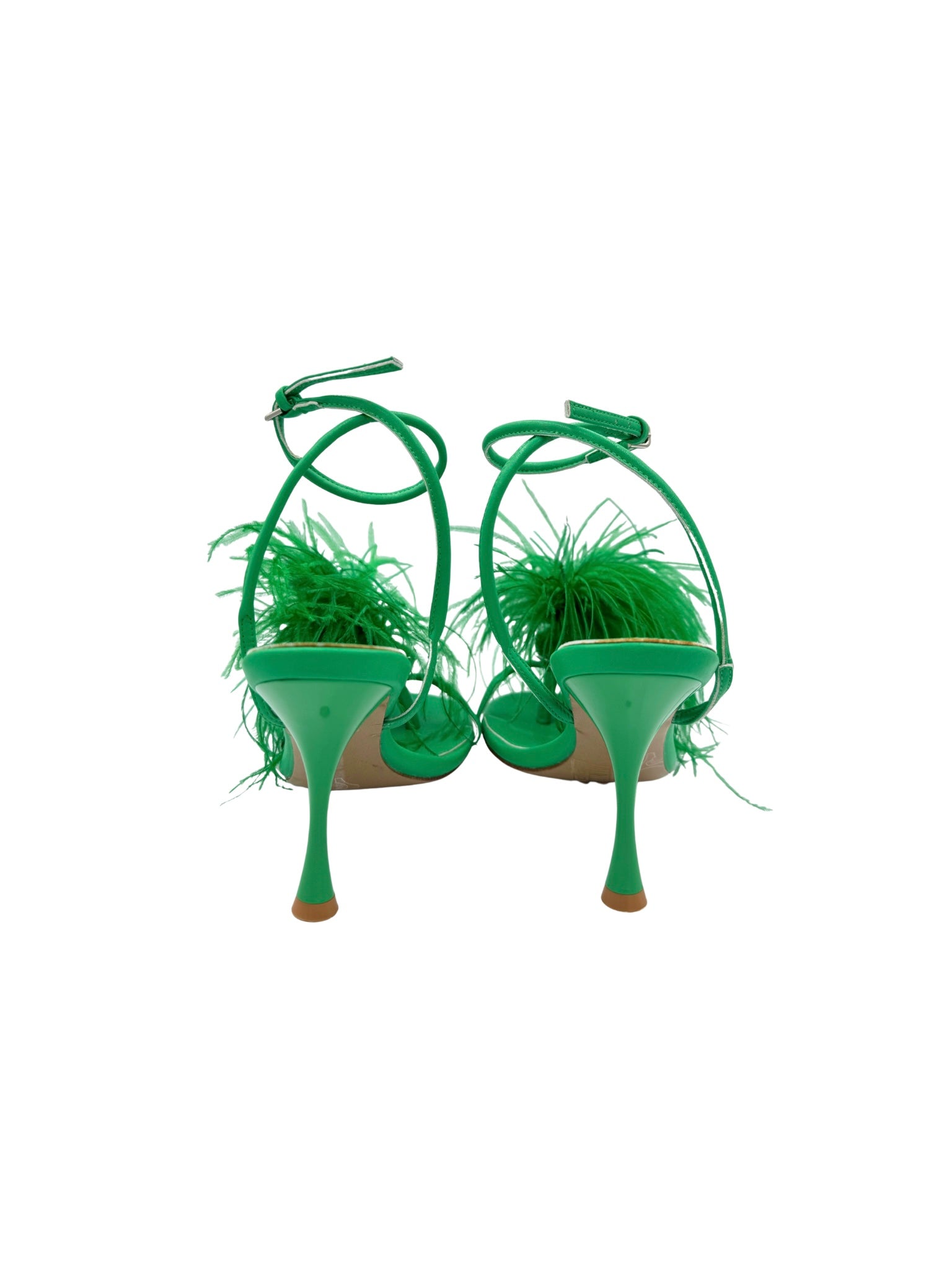 Size 40 Strappy Feather Pom Sandals in Green Smooth Leather