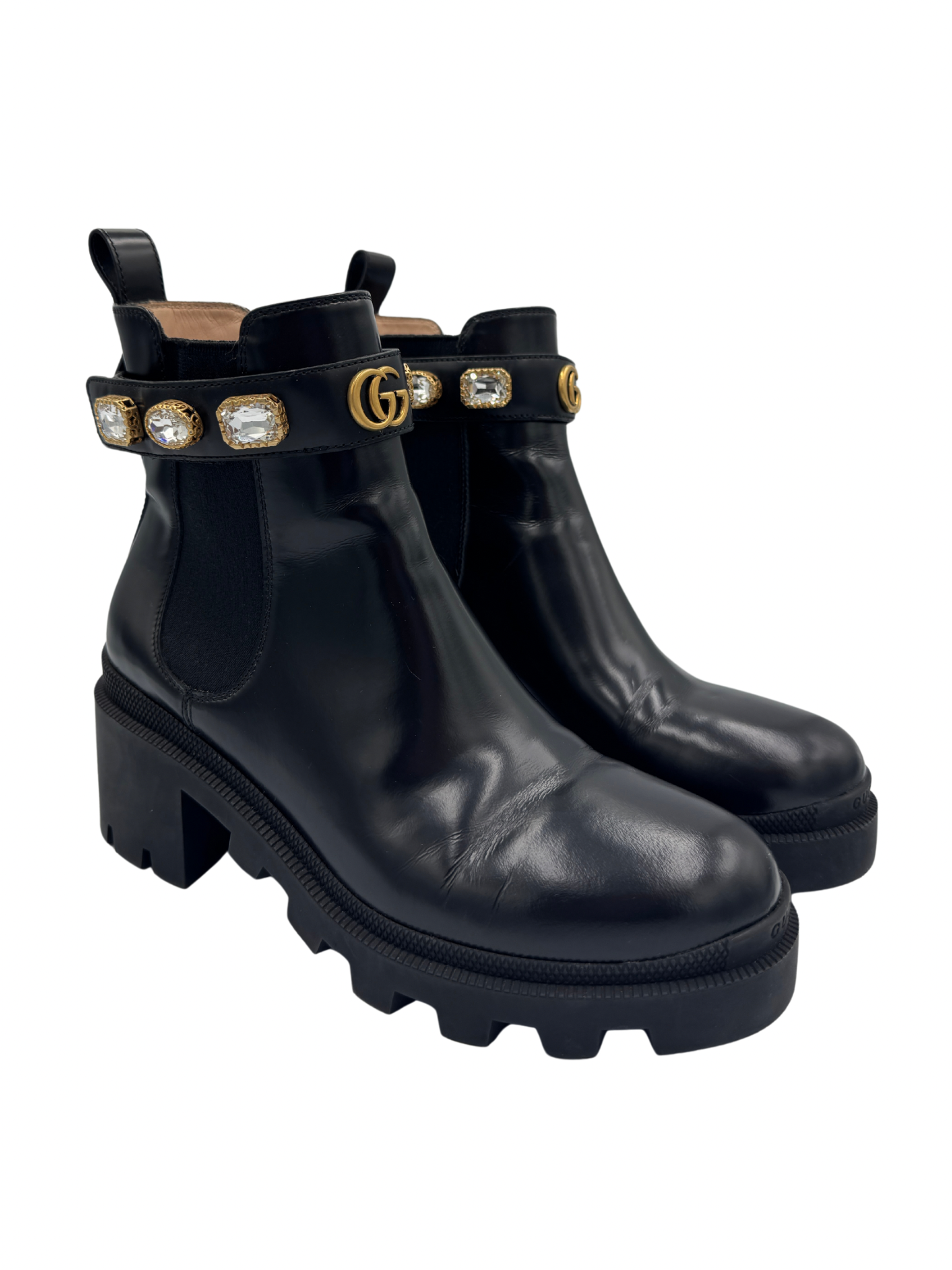Size 39.5 Trip Crystal-Embellished GG Chelsea Boots in Black Leather