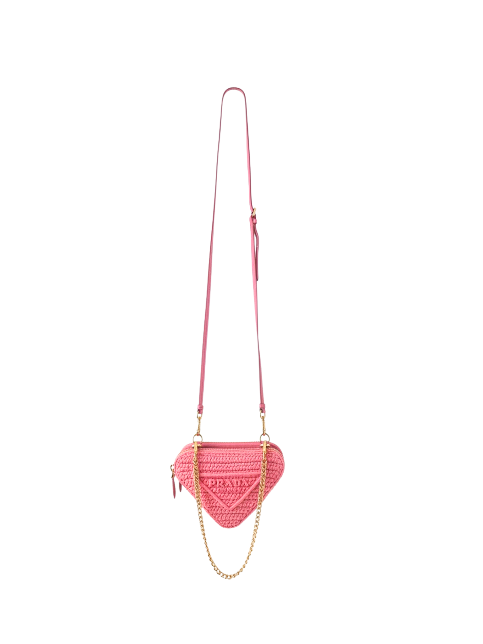 Triangle Logo Shoulder Bag in Pink Crochet Raffia & Leather
