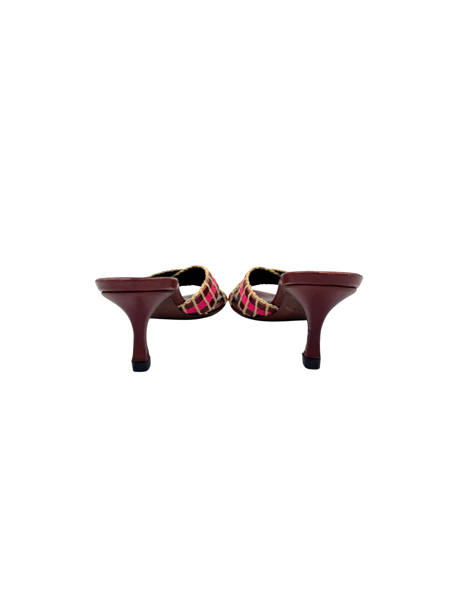 Size 37 Vintage Triomphe CC Logo Crochet Strappy Mule Sandals in Burgundy Red Leather with Pink Accents