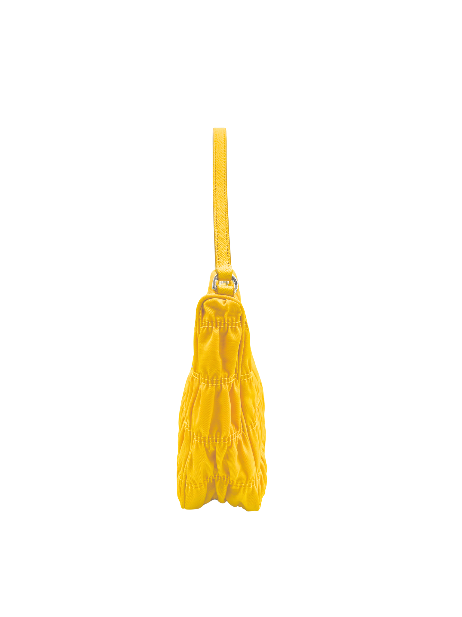Ruched Shoulder Bag with Triangle Logo Plate in Yellow Nylon